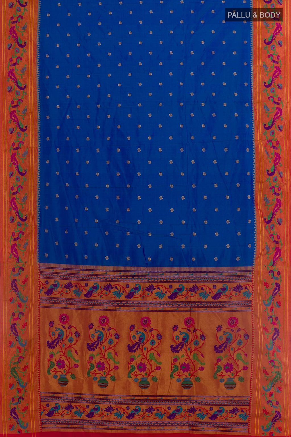 Flat view of Royal Blue Gadwal Silk Saree with Zari Butta on the body and Paithani Border. 