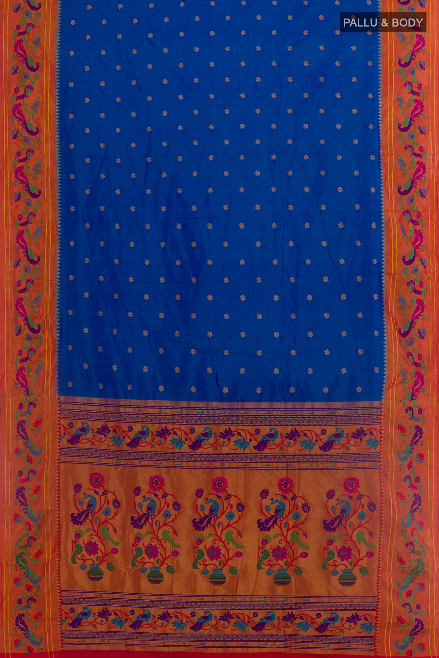 Flat view of Royal Blue Gadwal Silk Saree with Zari Butta on the body and Paithani Border. 