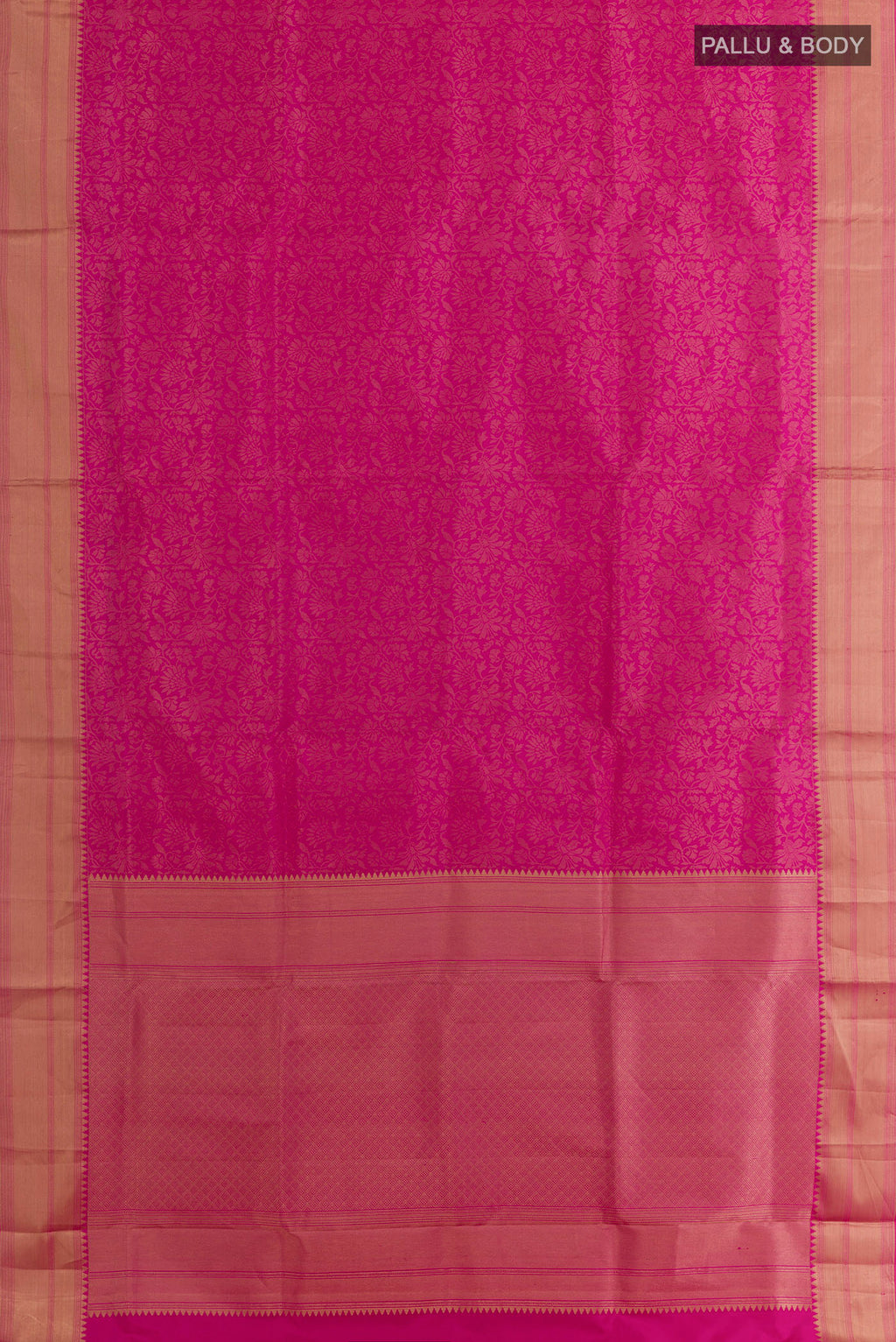 Flat view of Pure Silk Pink Soft Saree with Zari Brocade on the body and Zari Border. 