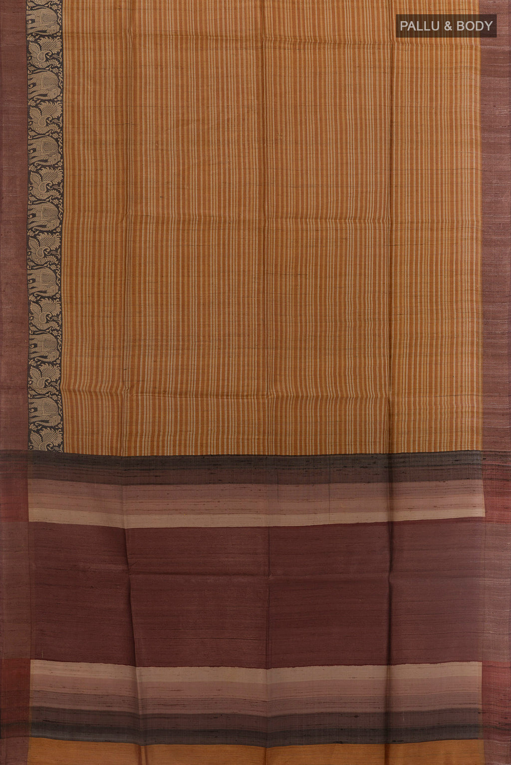 Flat view of Mustard Tussar Silk Saree with Stripes on the body and Zari Border. 