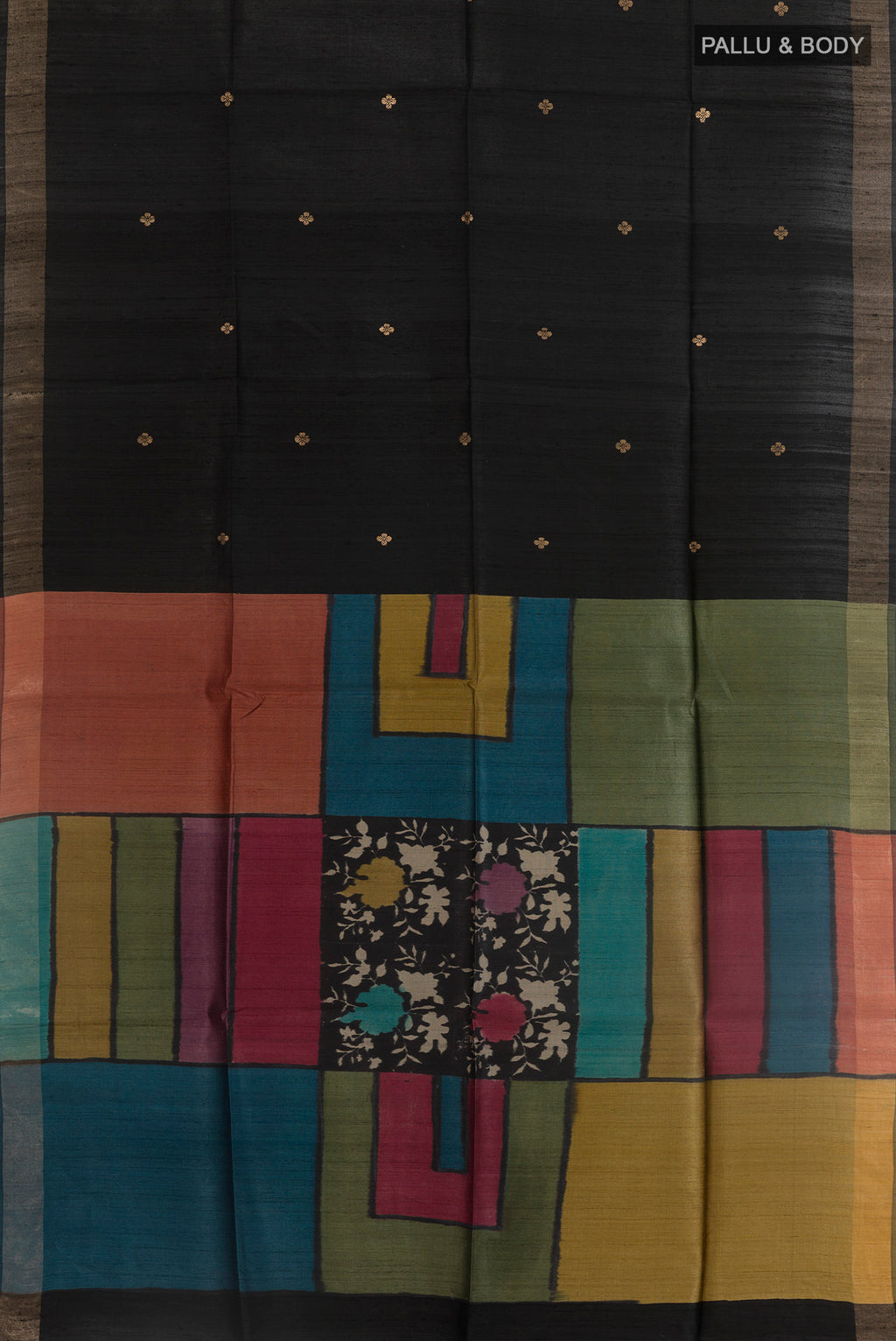 Flat view of Black Tussar Silk Saree with Zari Butta on the body and Zari Border. 