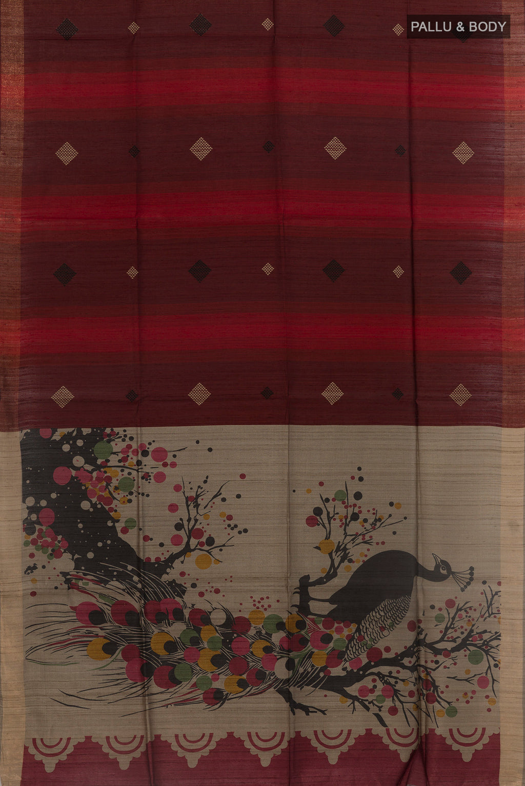 Flat view of Rust Tussar Silk Saree with Thread Butta on the body and Zari Border. 