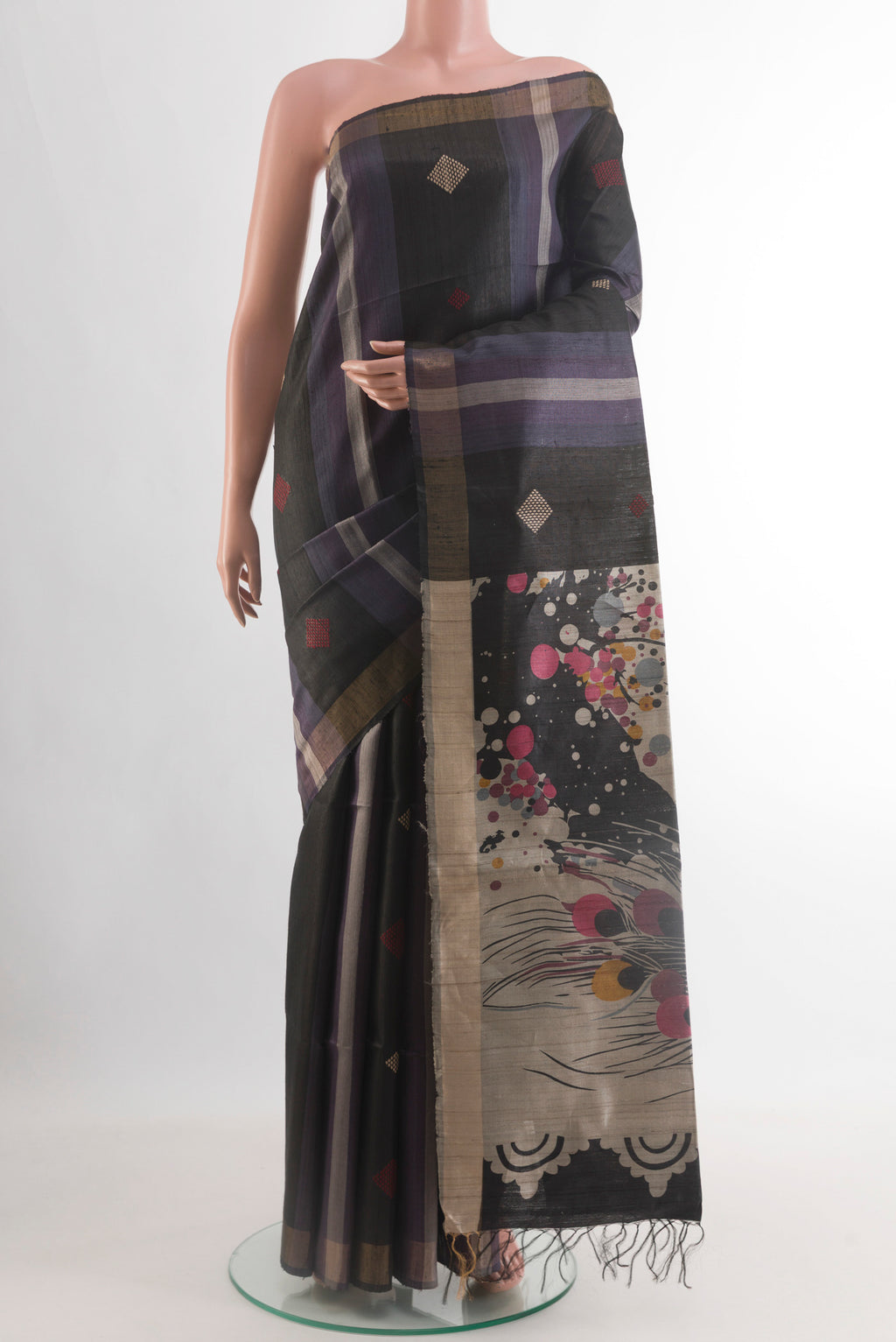 Multi Color Tussar Silk Saree with Stripes on the body and Zari Border.  displayed on a mannequin