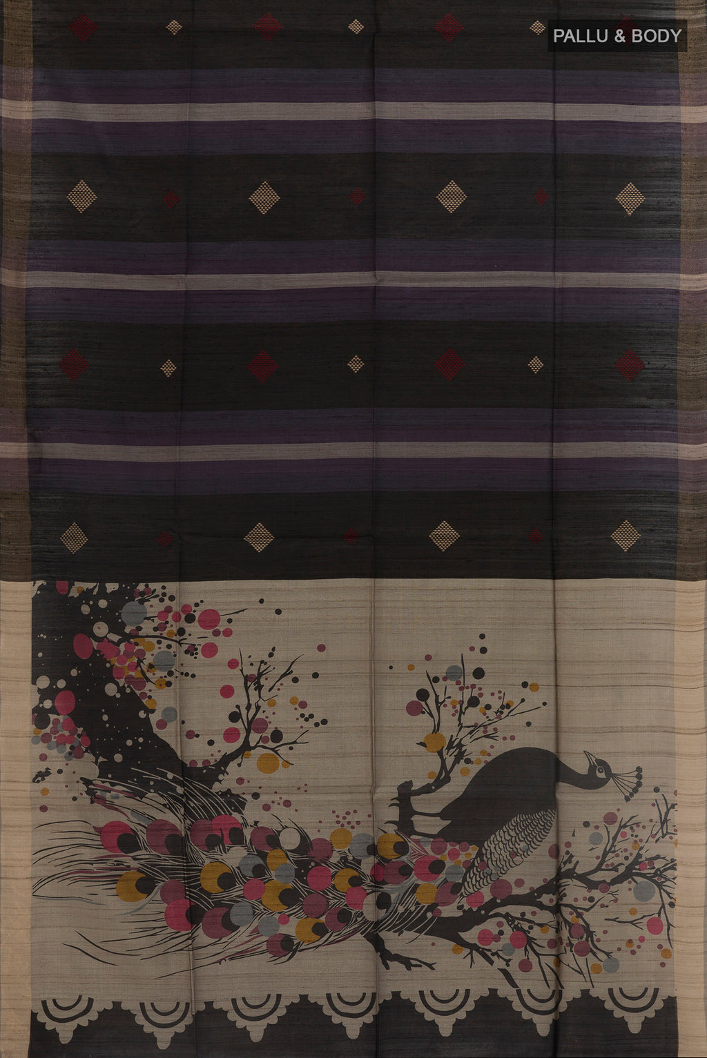 Flat view of Multi Color Tussar Silk Saree with Stripes on the body and Zari Border. 