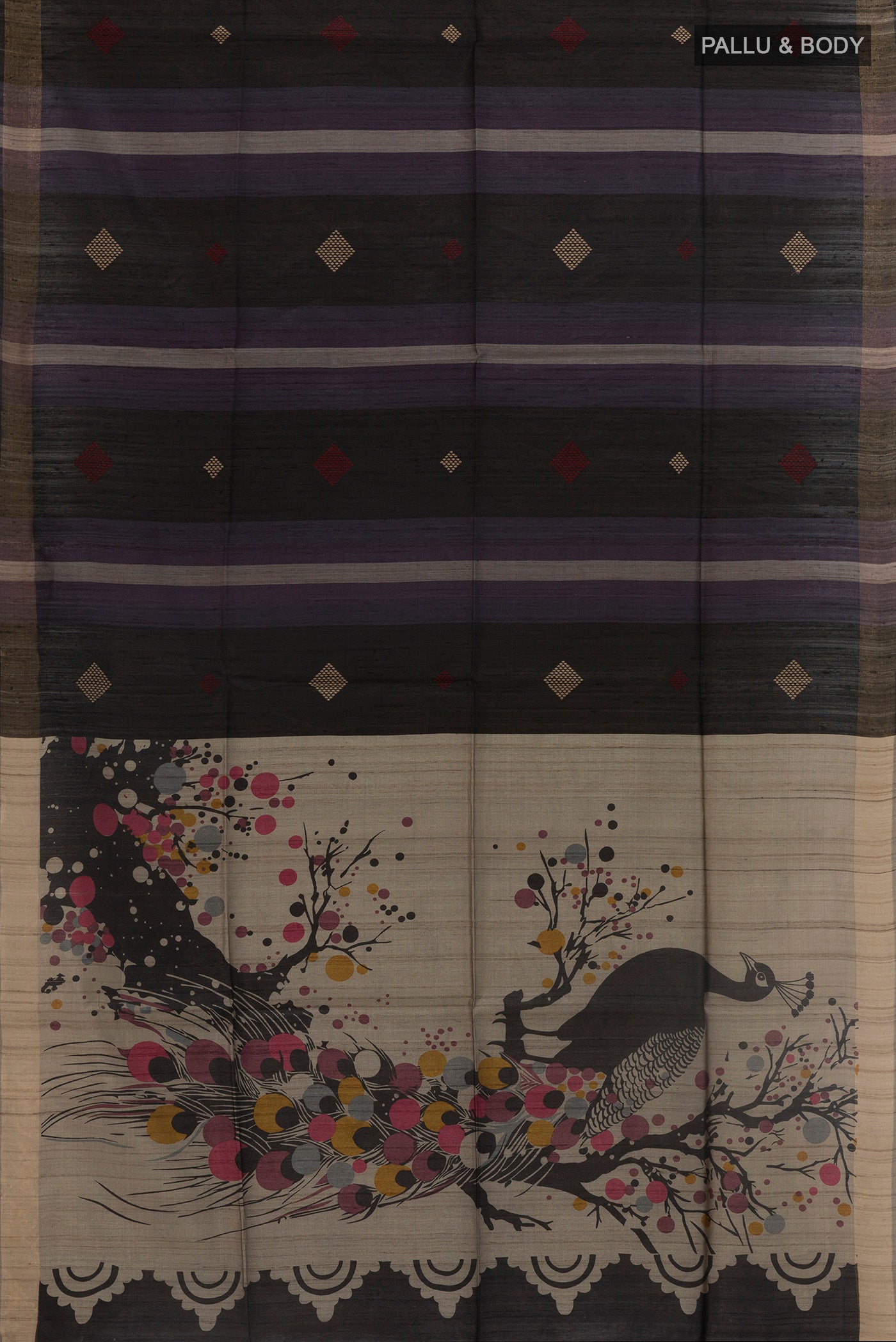 Flat view of Multi Color Tussar Silk Saree with Stripes on the body and Zari Border. 