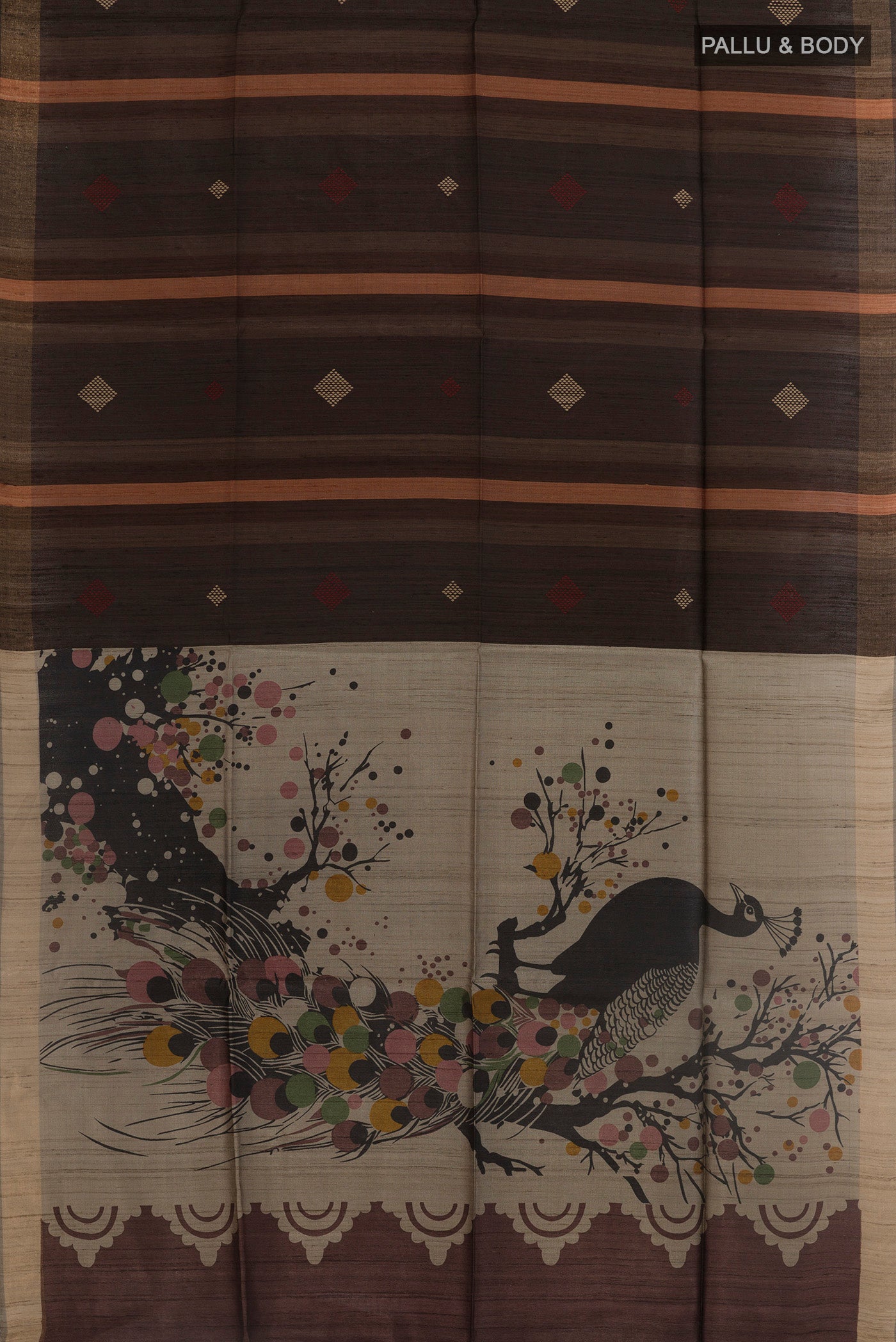 Flat view of Brown Tussar Silk Saree with Stripes on the body and Zari Border. 