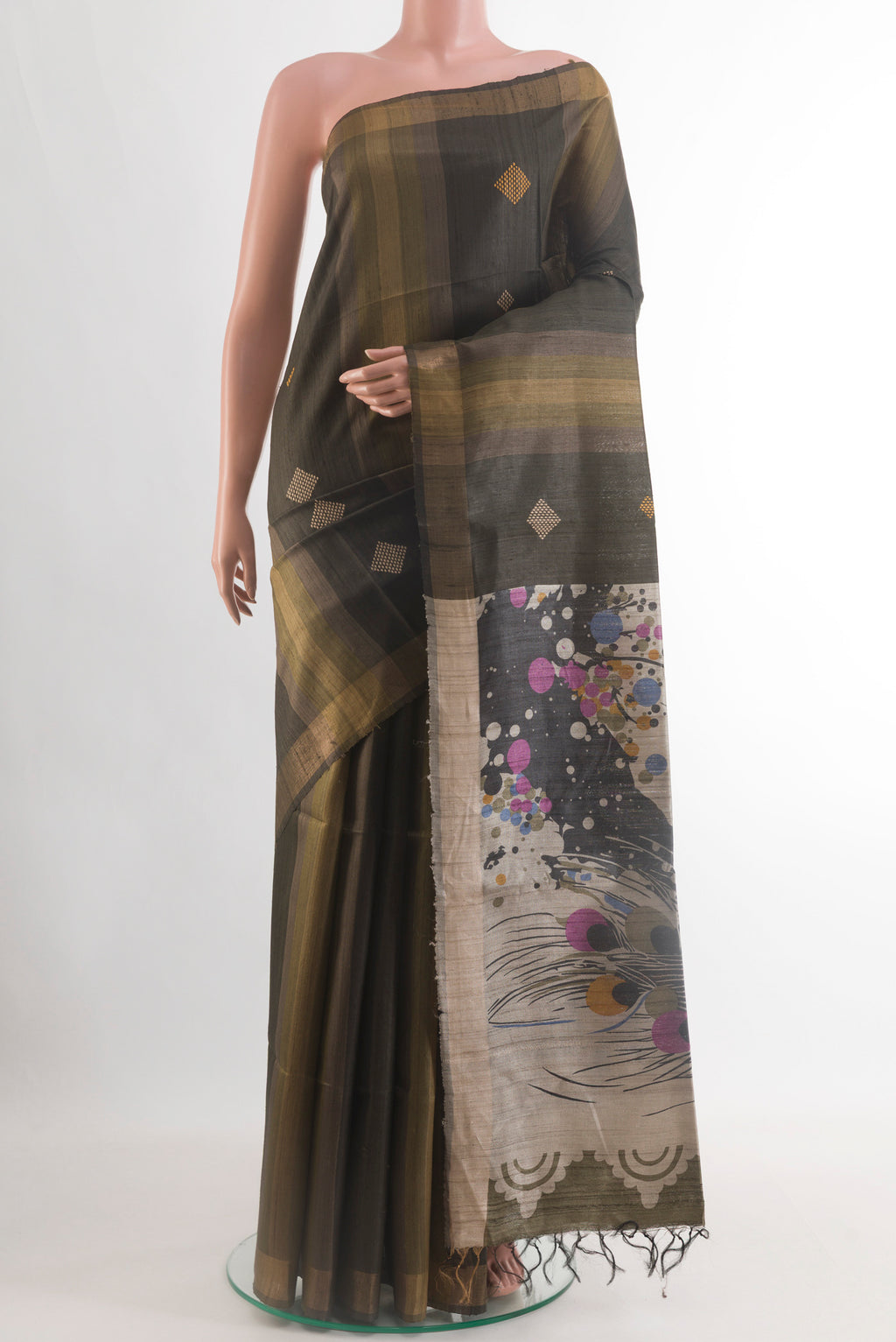 Multi Color Tussar Silk Saree with Stripes on the body and Zari Border.  displayed on a mannequin