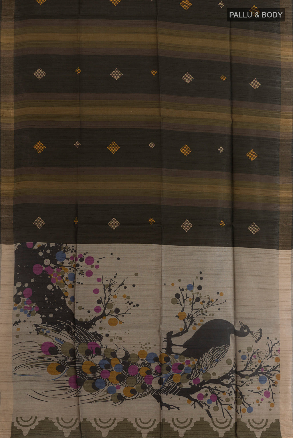 Flat view of Multi Color Tussar Silk Saree with Stripes on the body and Zari Border. 