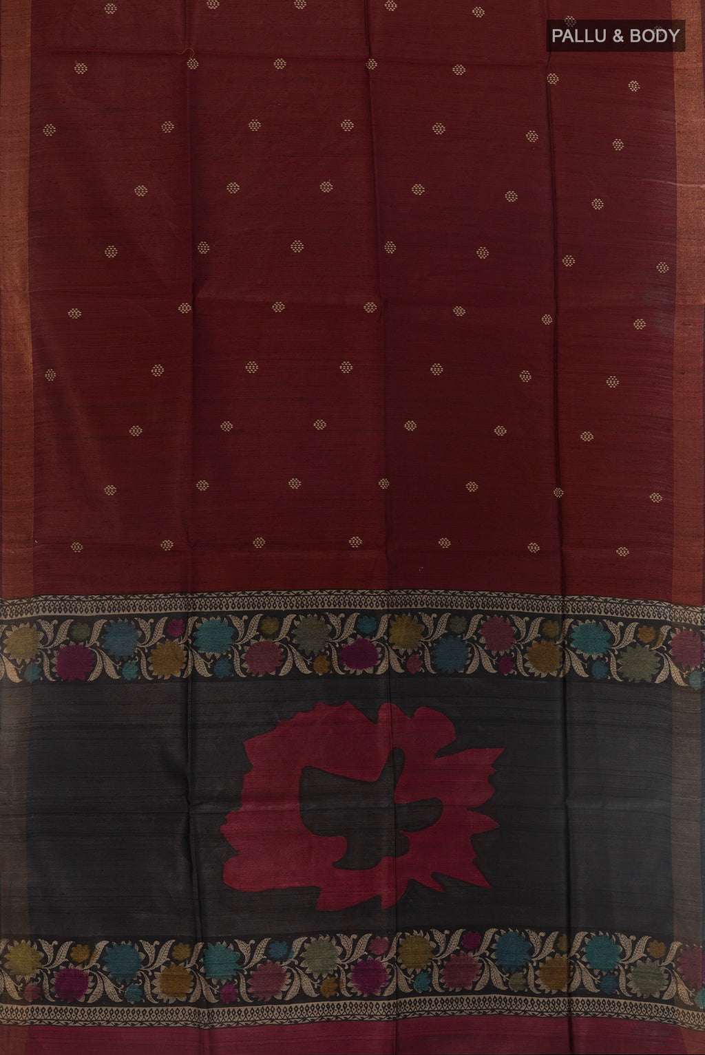 Flat view of Brown Tussar Silk Saree with Thread Butta on the body and Zari Border. 