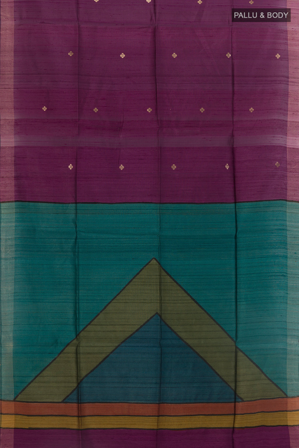 Flat view of Purple Tussar Silk Saree with Zari Butta on the body and Zari Border. 