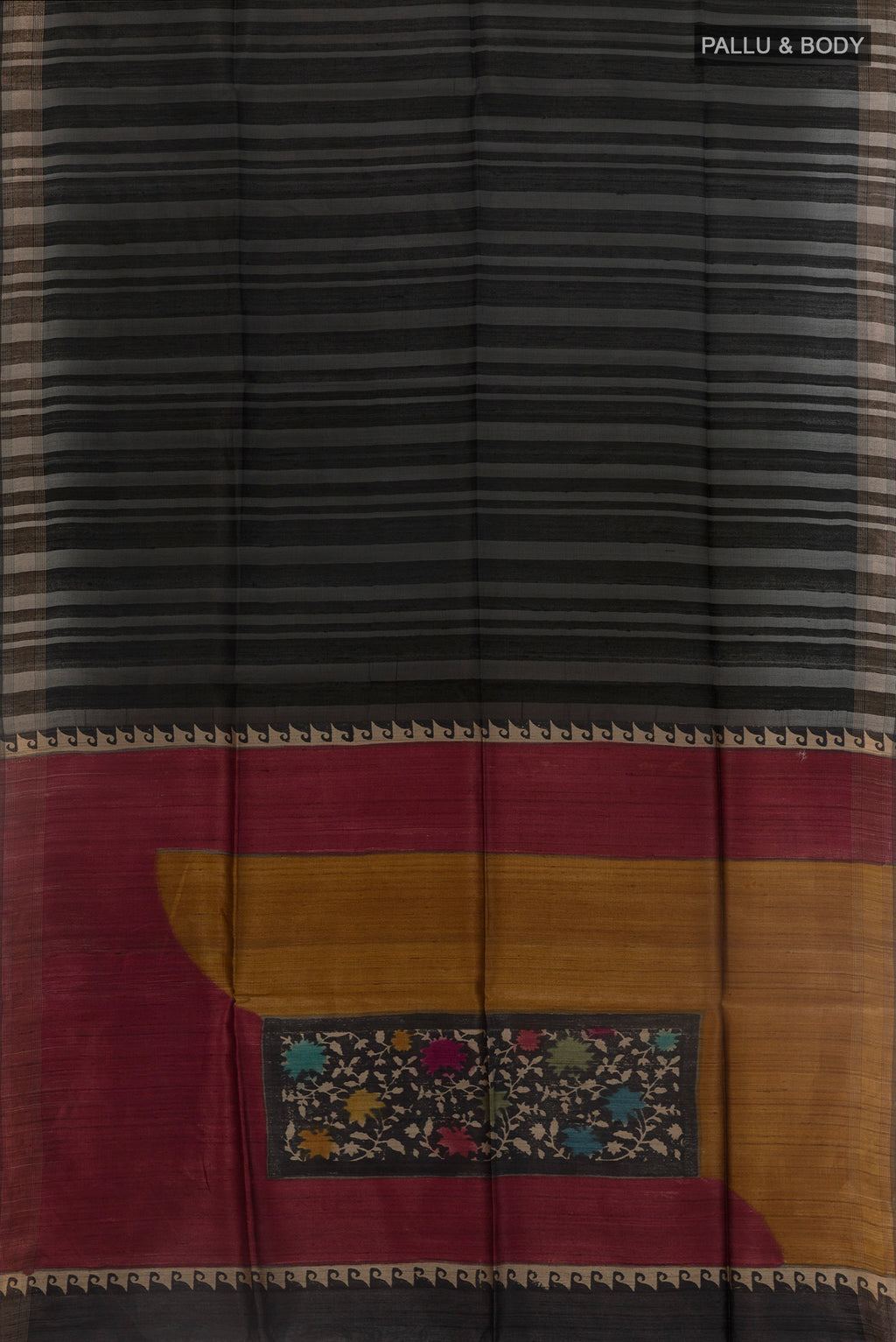 Flat view of Black Tussar Silk Saree with Stripes on the body and Zari Border. 