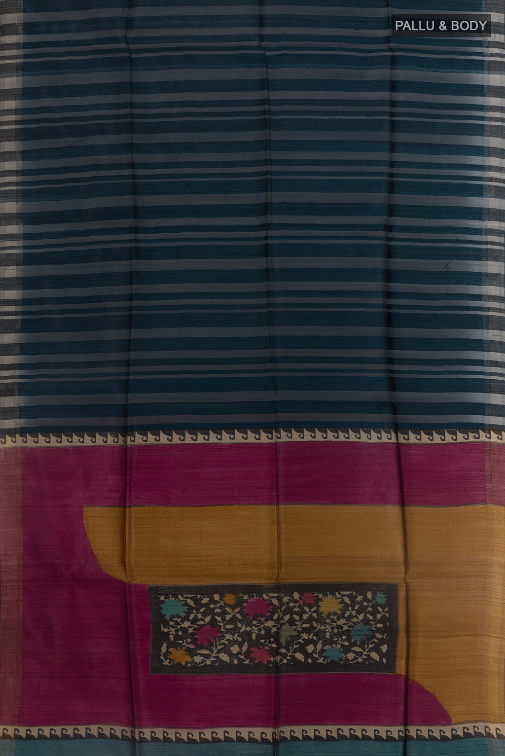 Flat view of Blue Tussar Silk Saree with Stripes on the body and Zari Border. 