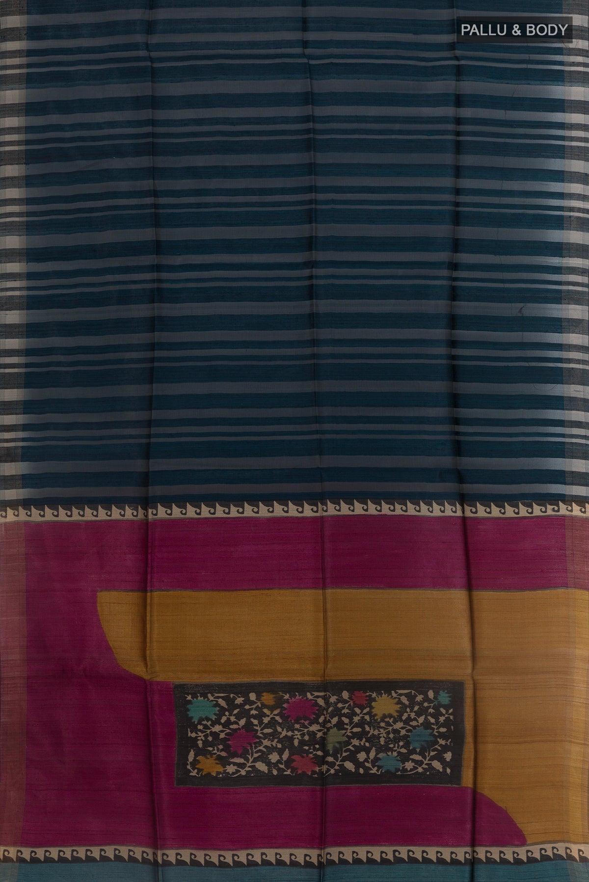 Flat view of Blue Tussar Silk Saree with Stripes on the body and Zari Border. 