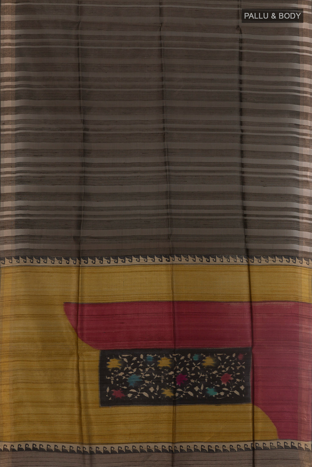 Flat view of Grey Tussar Silk Saree with Stripes on the body and Zari Border. 