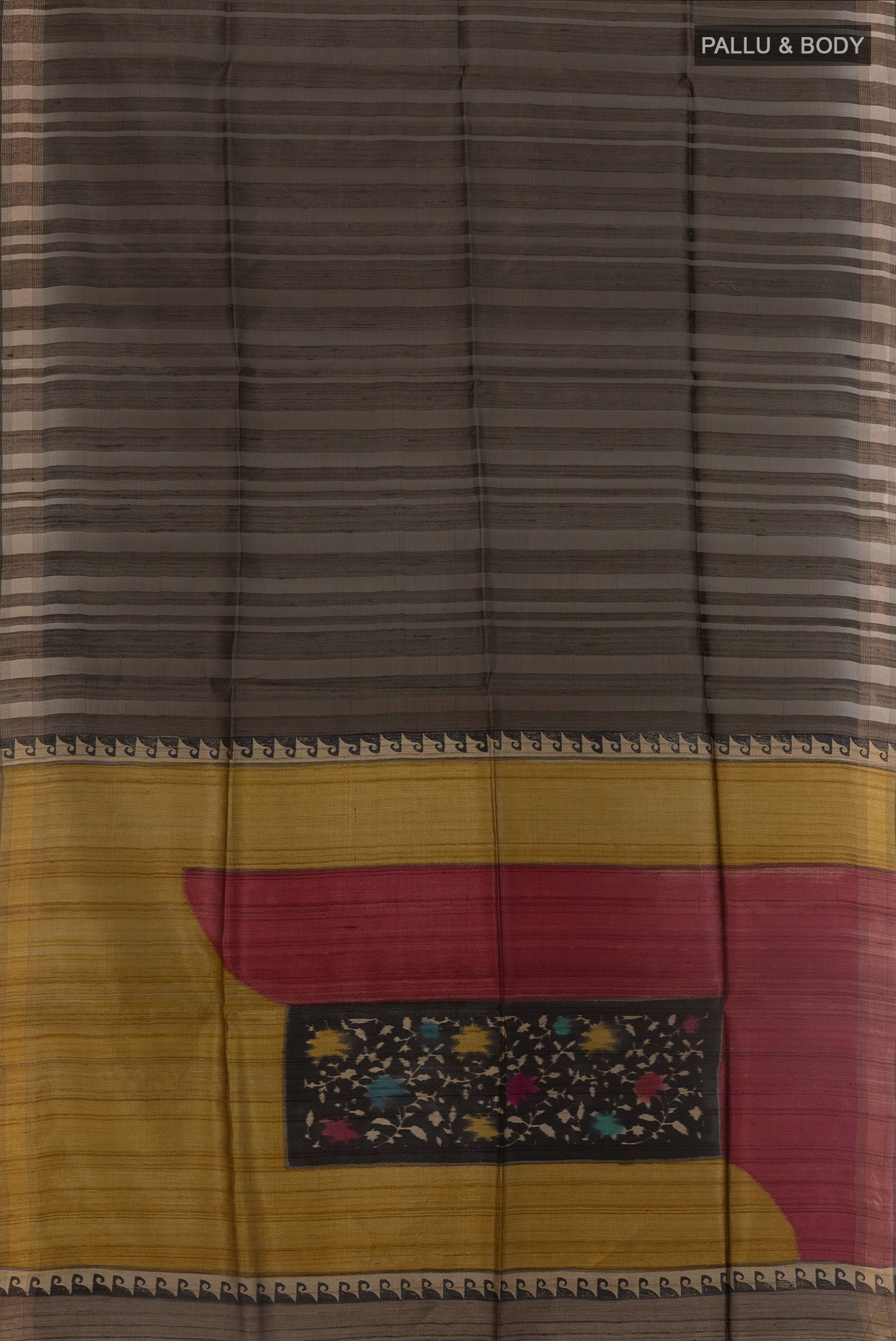 Flat view of Grey Tussar Silk Saree with Stripes on the body and Zari Border. 