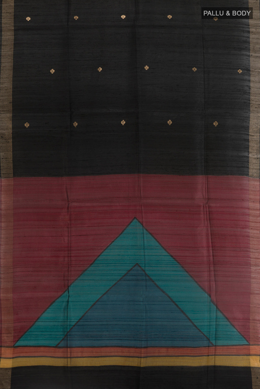 Flat view of Black Tussar Silk Saree with Zari Butta on the body and Zari Border. 