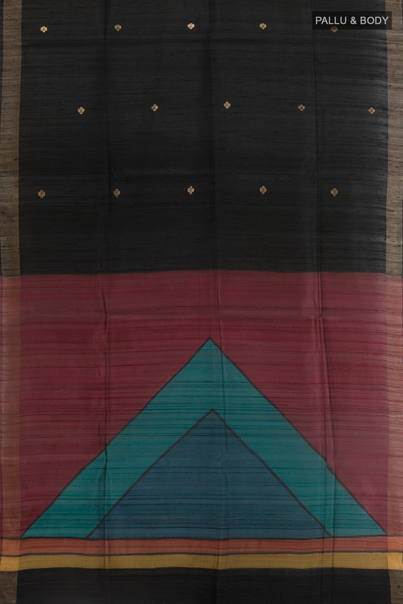 Flat view of Black Tussar Silk Saree with Zari Butta on the body and Zari Border. 
