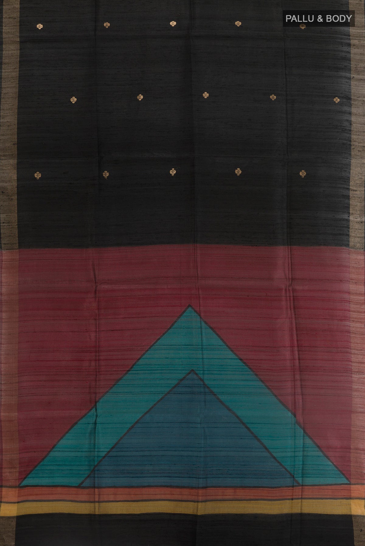 Flat view of Black Tussar Silk Saree with Zari Butta on the body and Zari Border. 