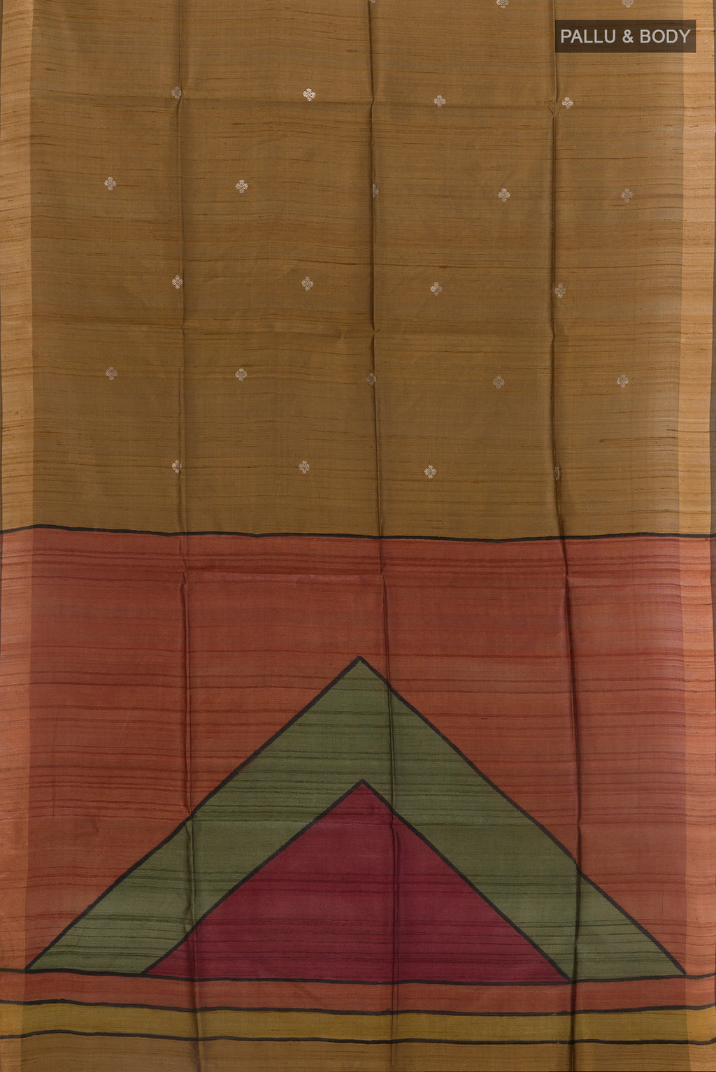 Flat view of Gold Tussar Silk Saree with Zari Butta on the body and Zari Border. 