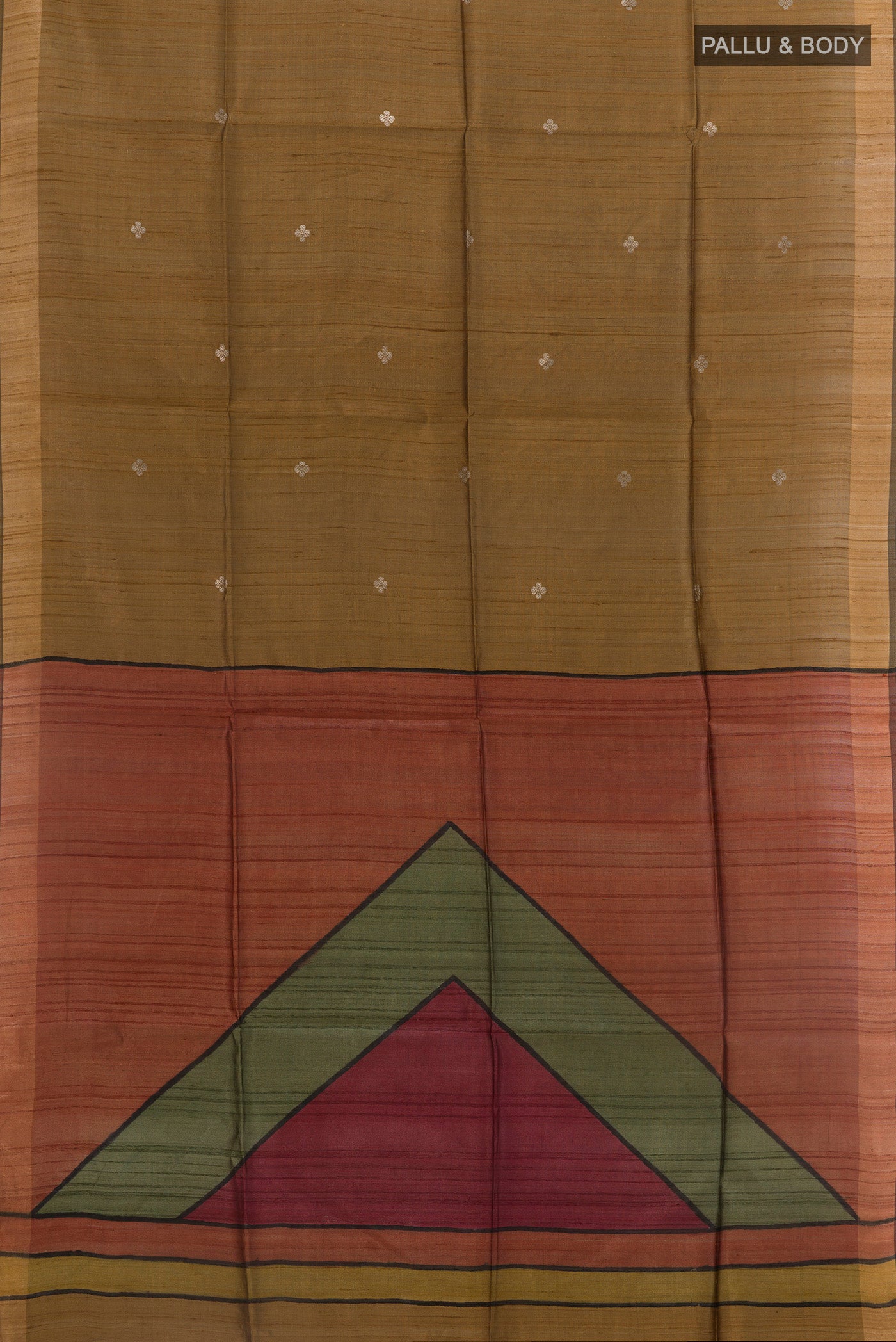Flat view of Gold Tussar Silk Saree with Zari Butta on the body and Zari Border. 