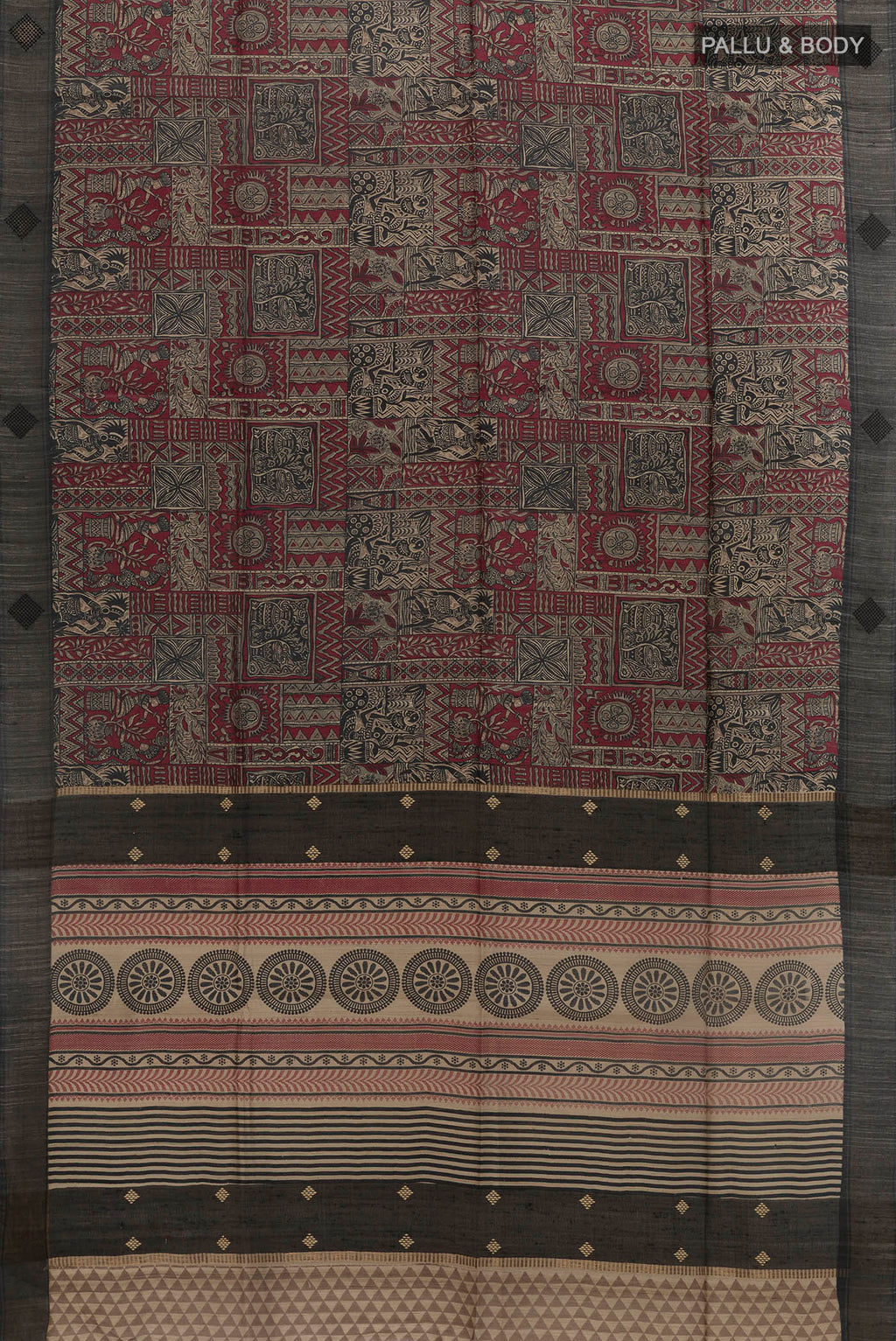 Flat view of Multi Color Tussar Silk Saree with Printed design on the body and Zari Border. 