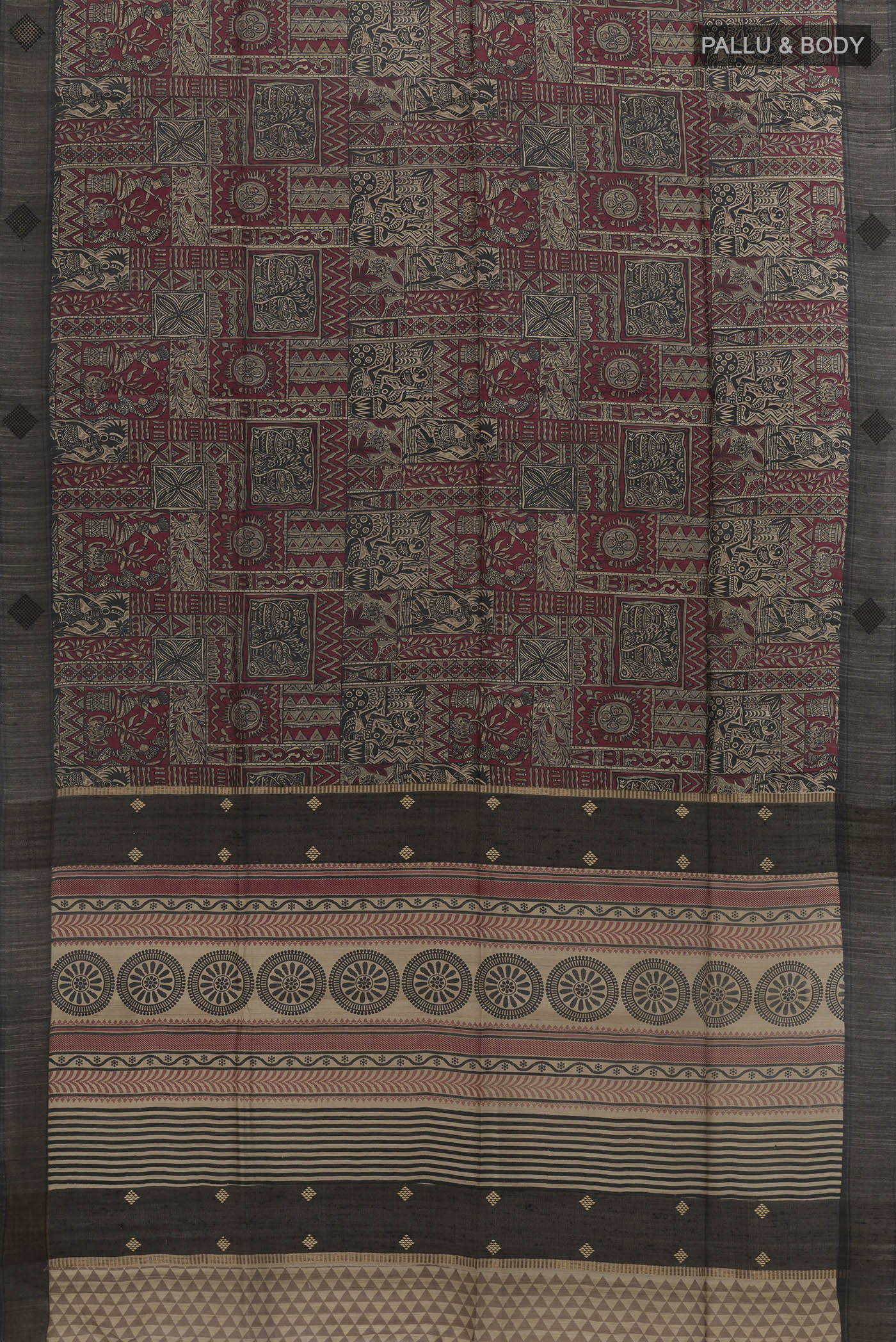 Flat view of Multi Color Tussar Silk Saree with Printed design on the body and Zari Border. 