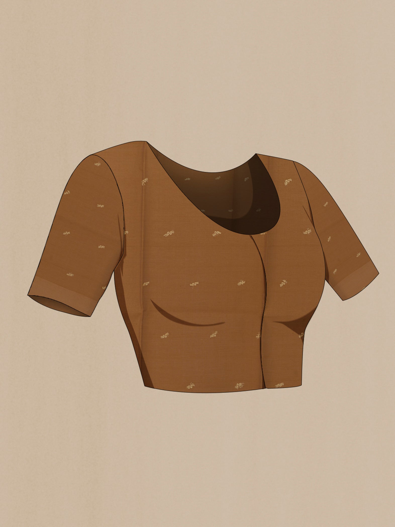 Close up image of the blouse of Brown Tussar Silk Saree with Printed design on the body and Zari Border. 