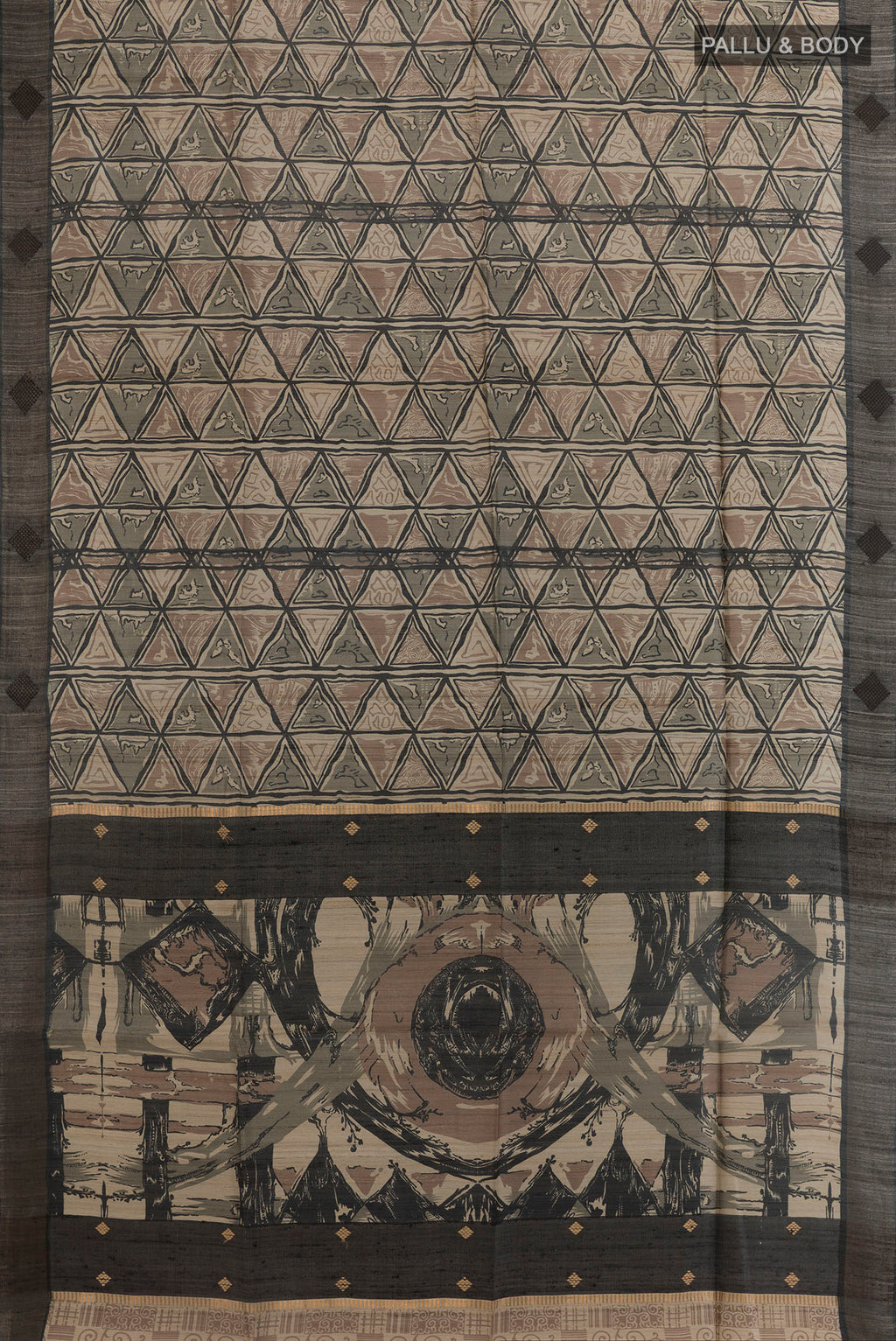 Flat view of Beige Tussar Silk Saree with Printed design on the body and Zari Border. 
