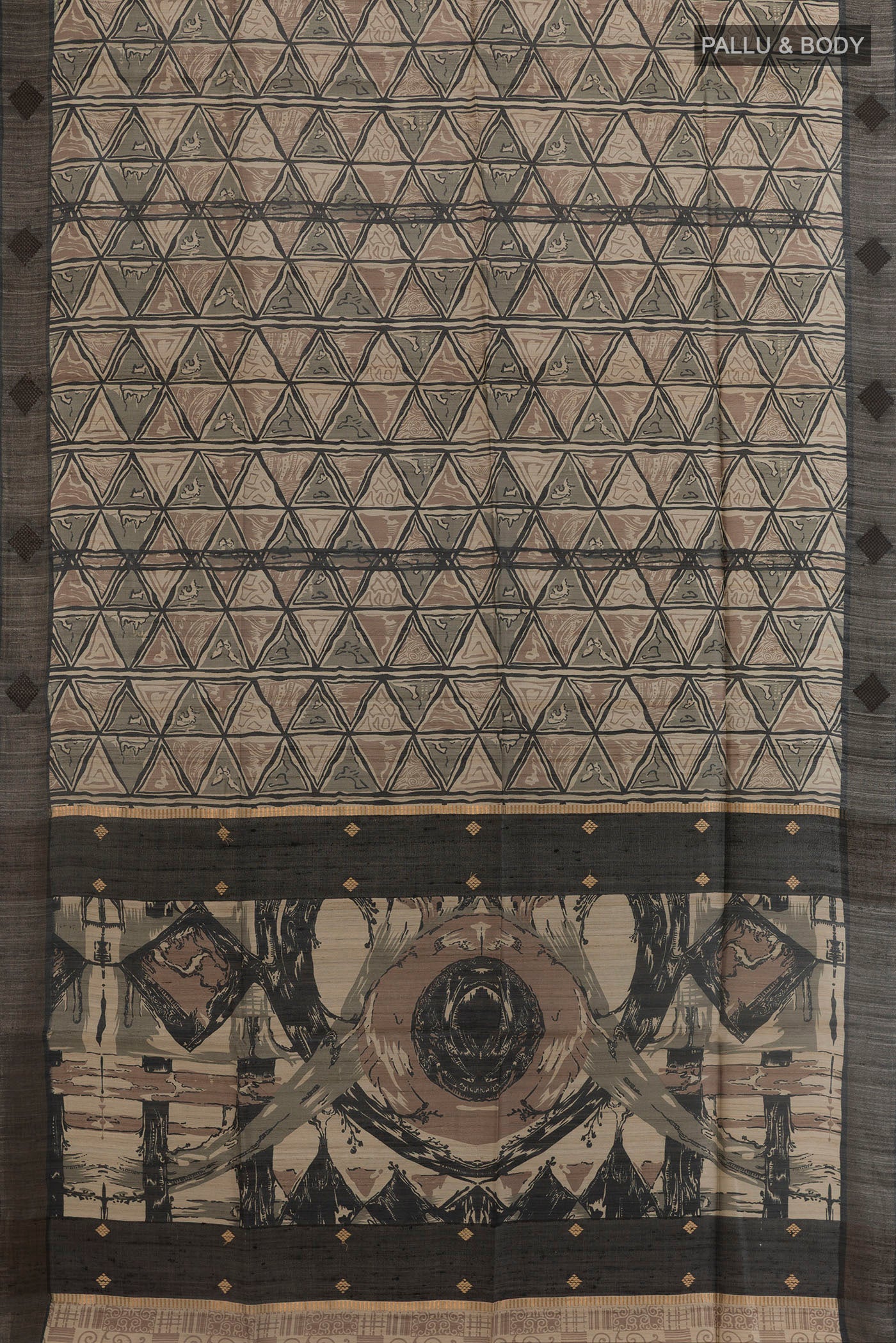 Flat view of Beige Tussar Silk Saree with Printed design on the body and Zari Border. 