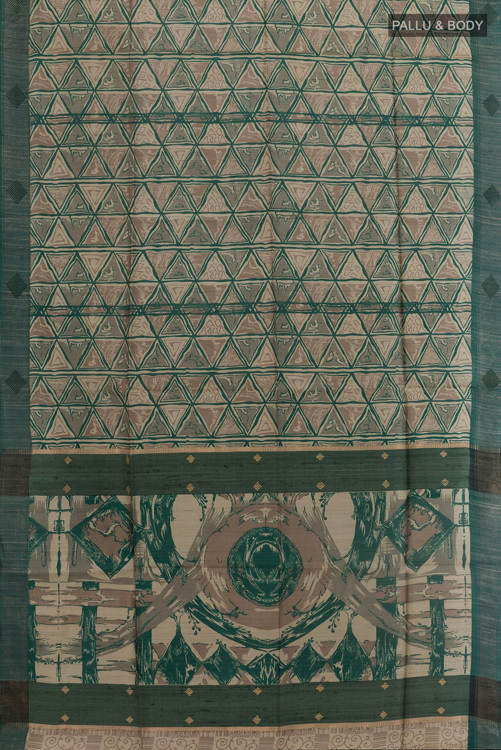 Flat view of Beige Tussar Silk Saree with Printed design on the body and Zari Border. 