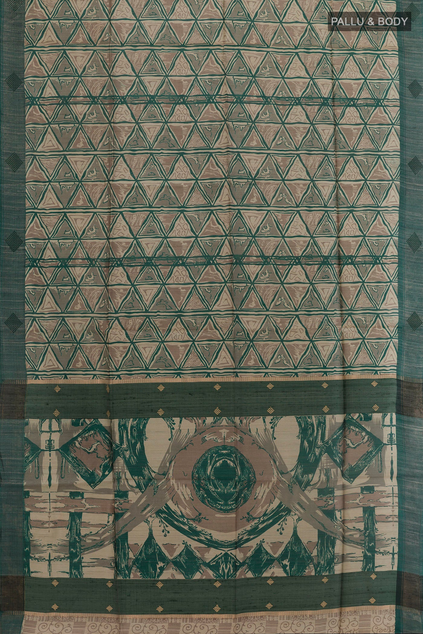 Flat view of Beige Tussar Silk Saree with Printed design on the body and Zari Border. 
