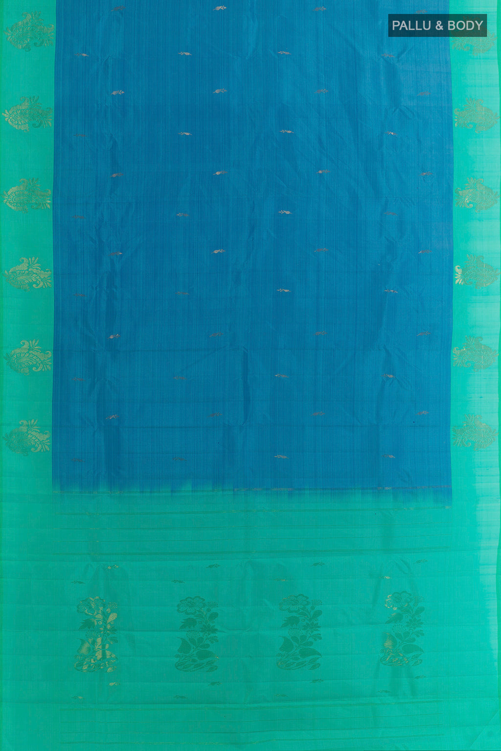 Flat view of Blue Kanchipuram Silk Saree with Zari Butta on the body and Plain Border. 