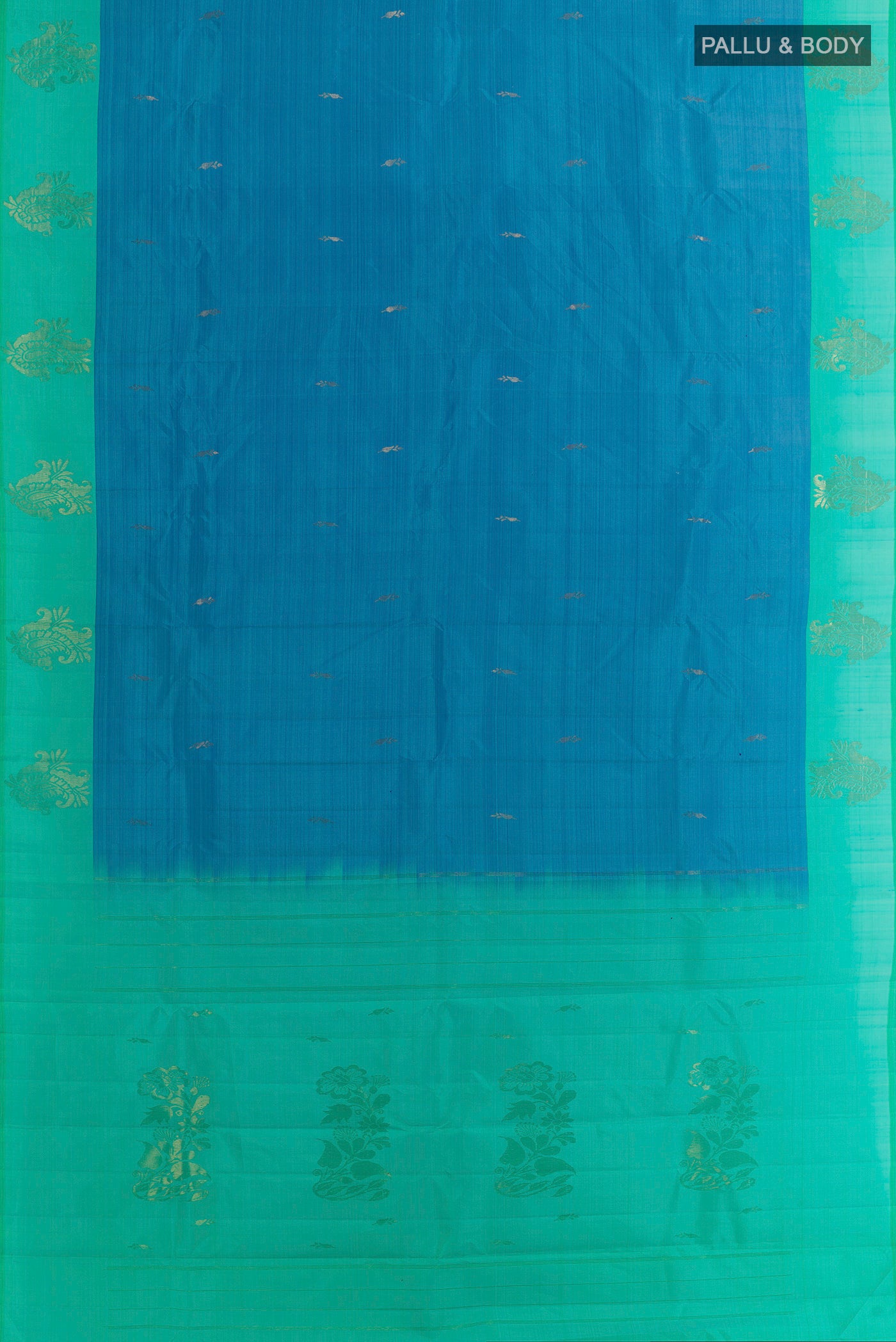Flat view of Blue Kanchipuram Silk Saree with Zari Butta on the body and Plain Border. 
