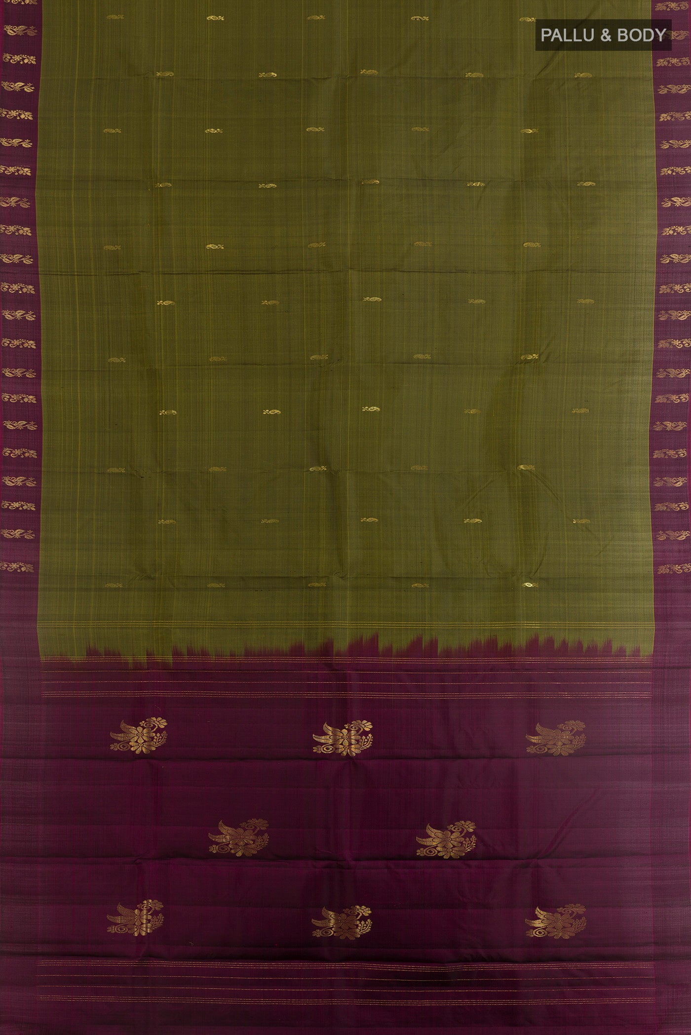 Flat view of Mehandi Green Kanchipuram Silk Saree with Zari Butta on the body and Plain Border. 