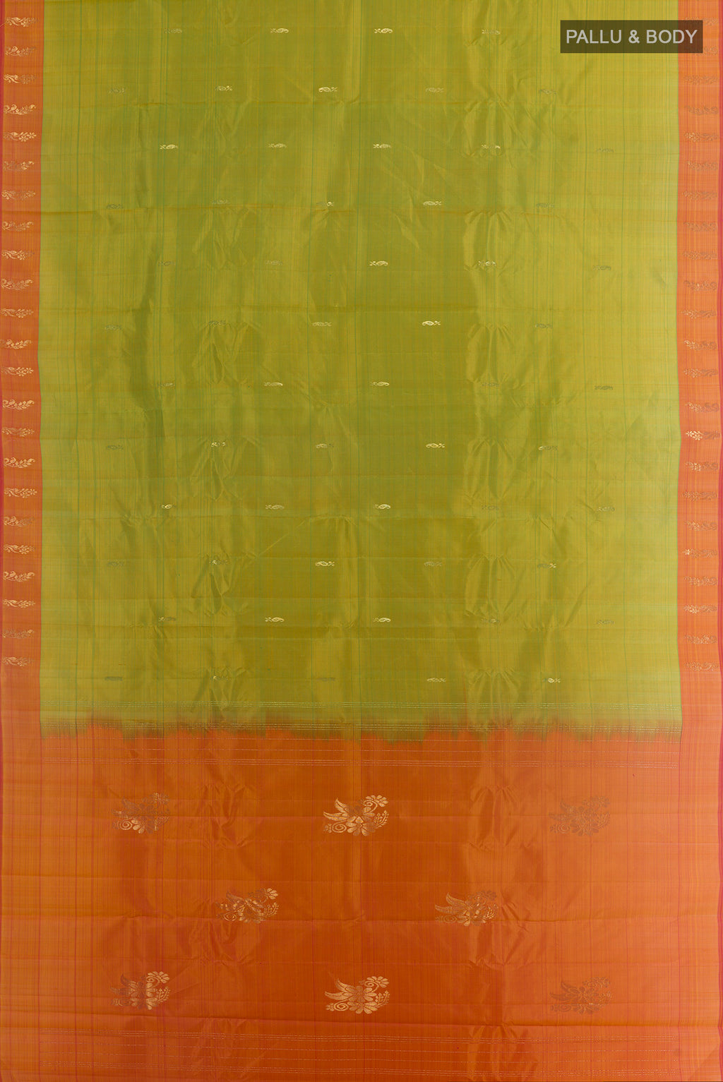 Flat view of Green Kanchipuram Silk Saree with Zari Butta on the body and Plain Border. 