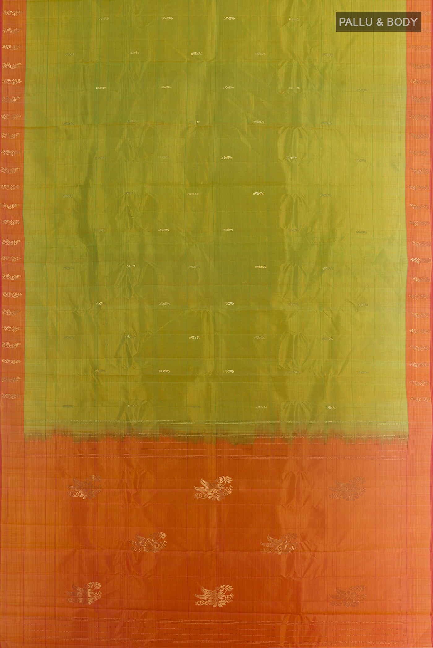Flat view of Green Kanchipuram Silk Saree with Zari Butta on the body and Plain Border. 