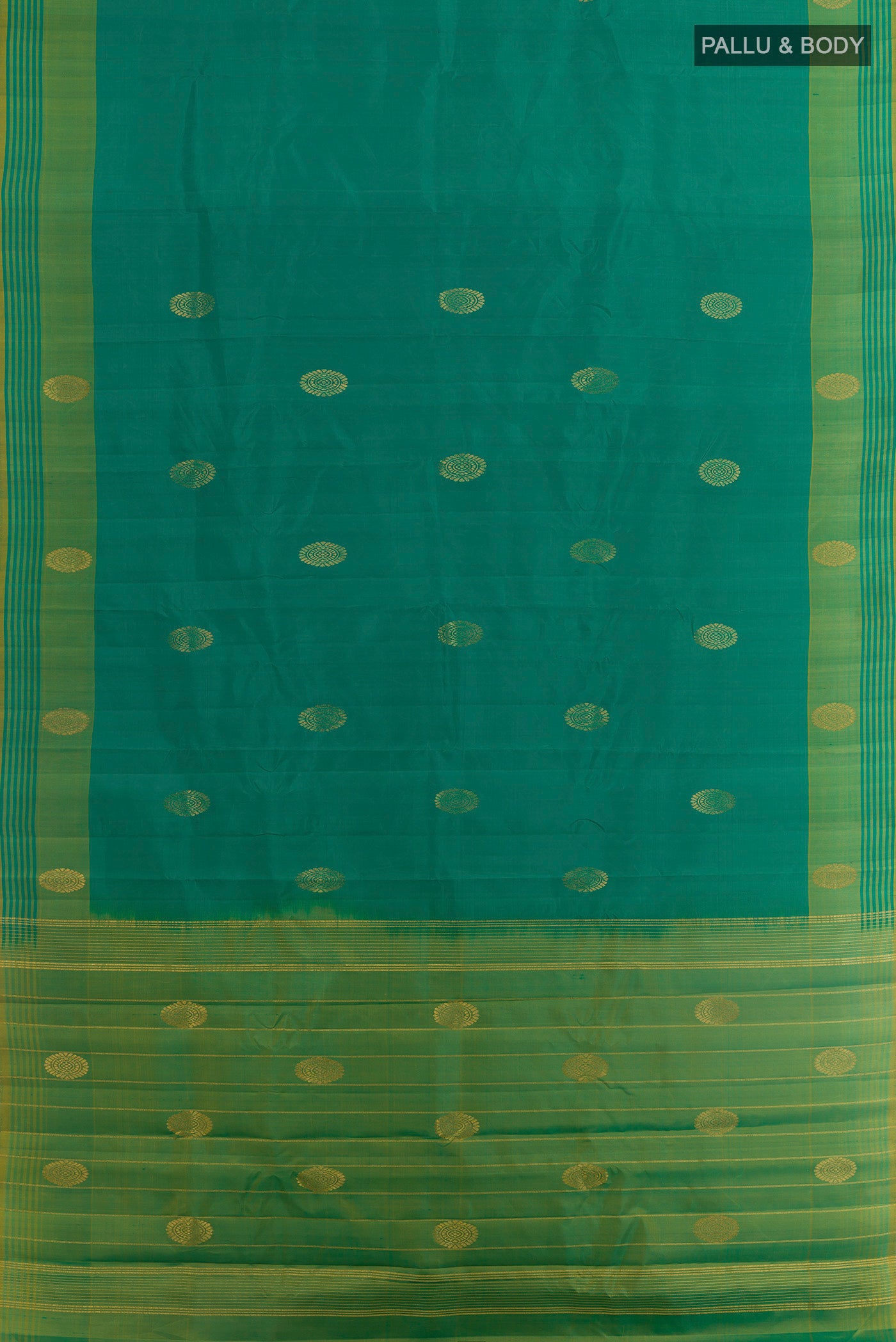 Flat view of Green Kanchipuram Silk Saree with Zari Butta on the body and Plain Border. 