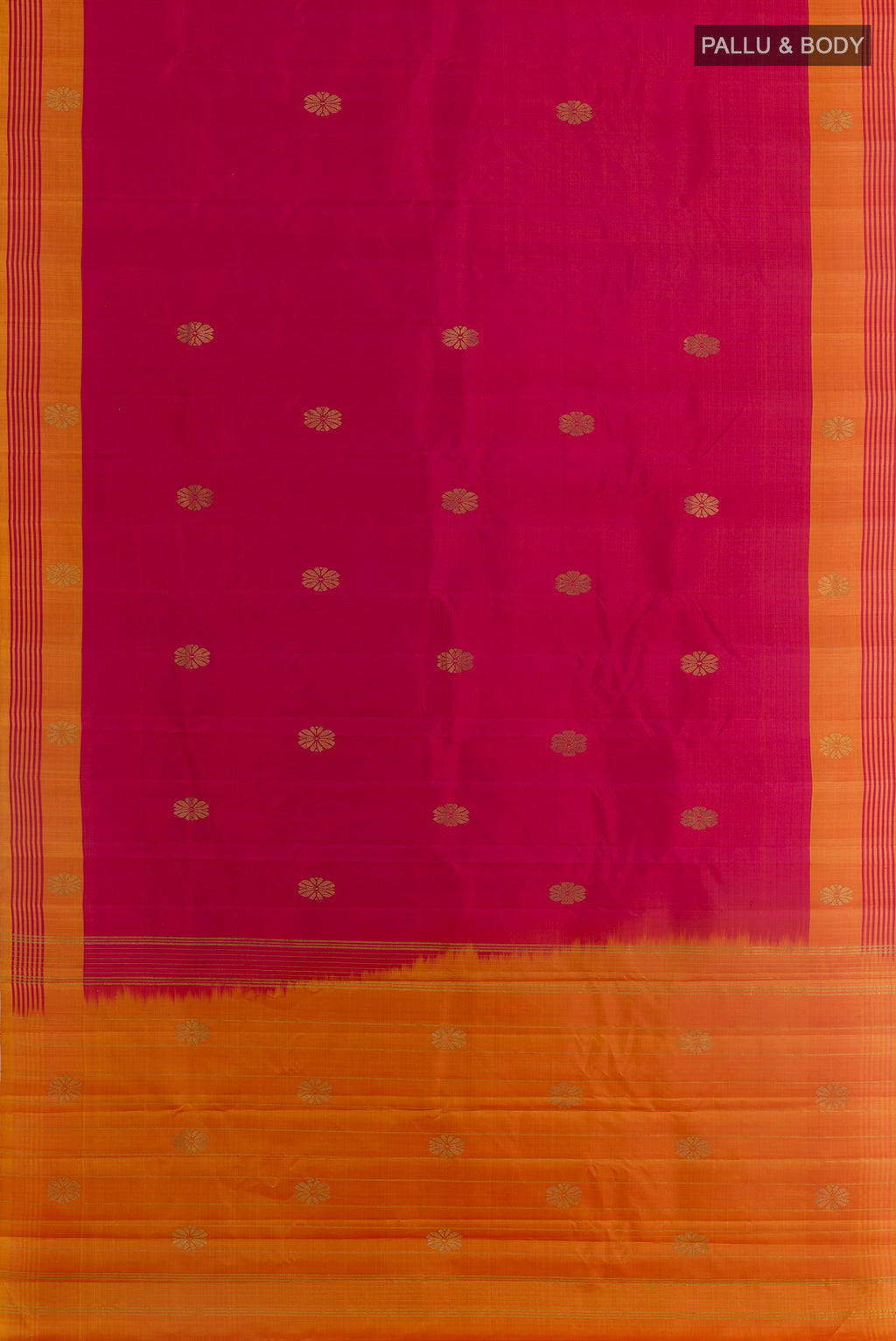 Flat view of Pink Kanchipuram Silk Saree with Zari Butta on the body and Plain Border. 