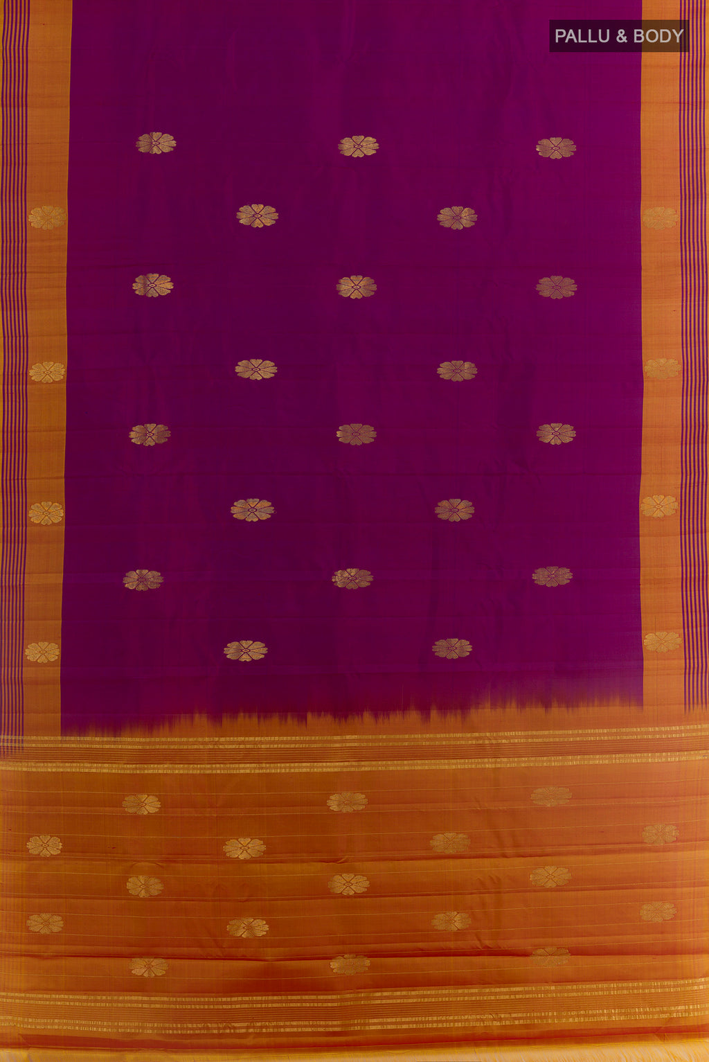 Flat view of Purple Kanchipuram Silk Saree with Zari Butta on the body and Plain Border. 