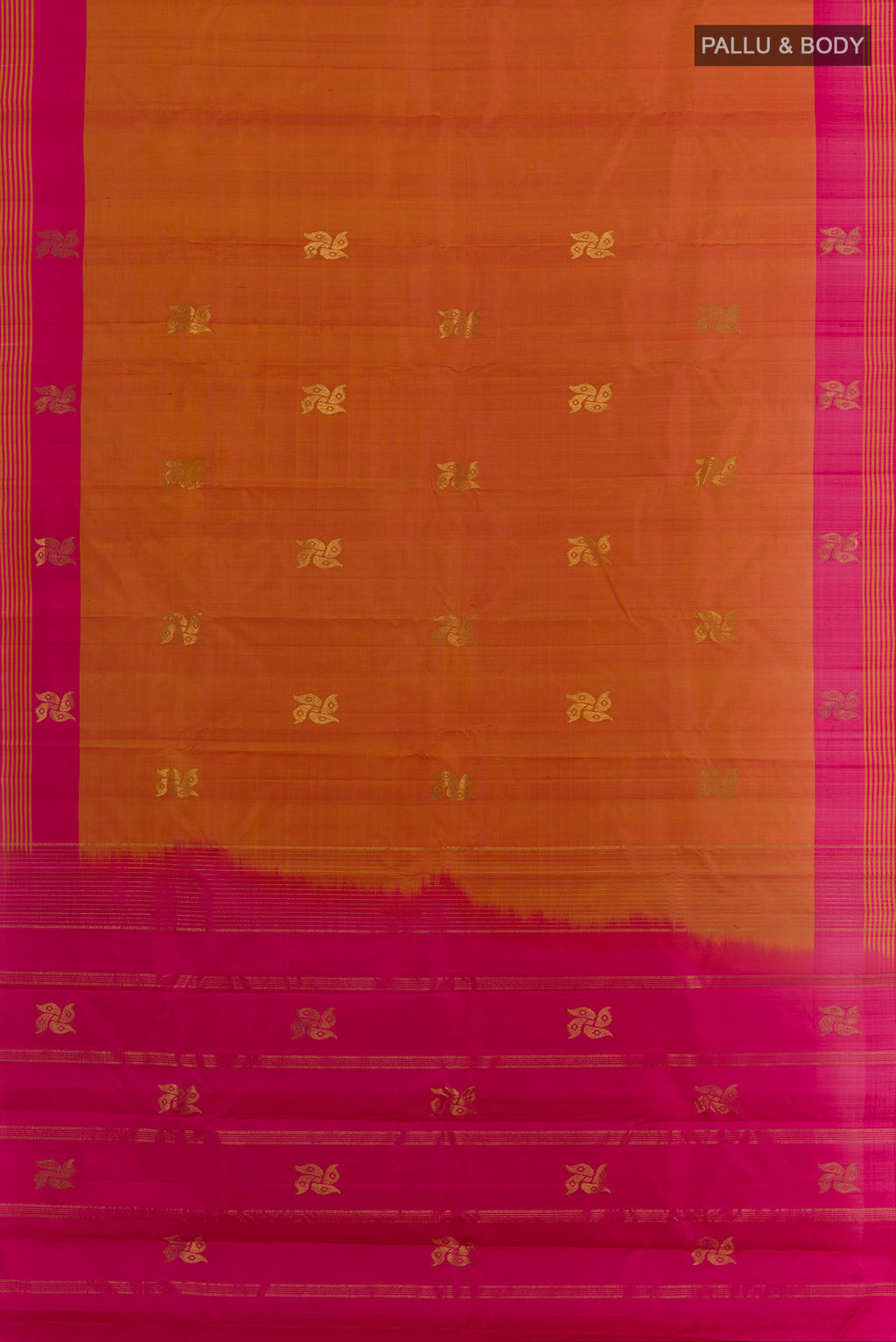 Flat view of Brick Orange Kanchipuram Silk Saree with Zari Butta on the body and Plain Border. 