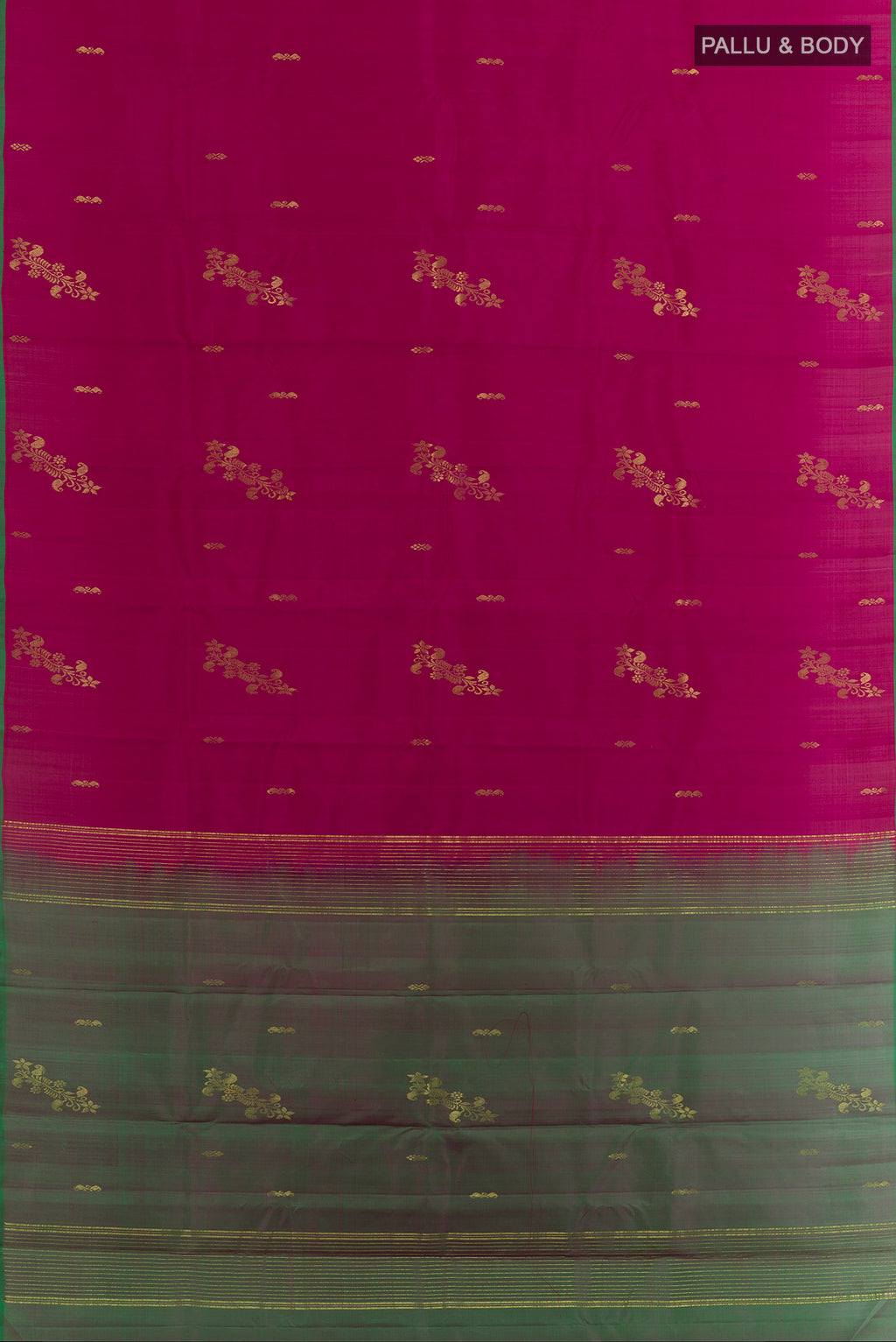 Flat view of Magenta Kanchipuram Silk Saree with Zari Butta on the body and Plain Border. 