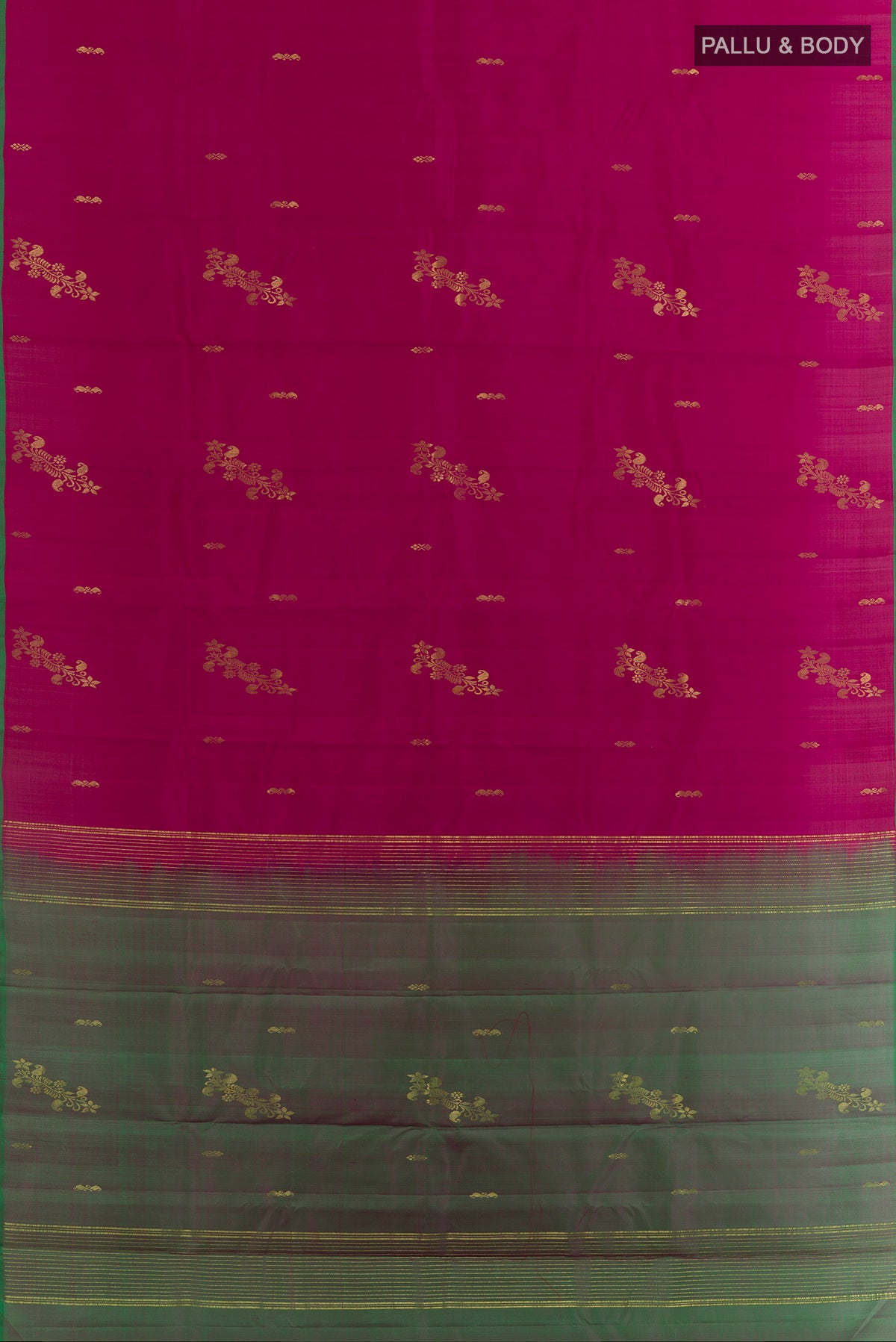 Flat view of Magenta Kanchipuram Silk Saree with Zari Butta on the body and Plain Border. 