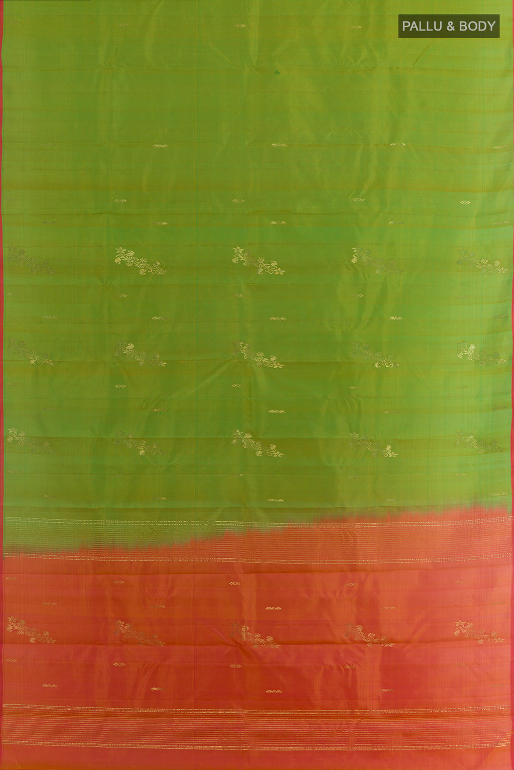 Flat view of Green Kanchipuram Silk Saree with Zari Butta on the body and Plain Border. 