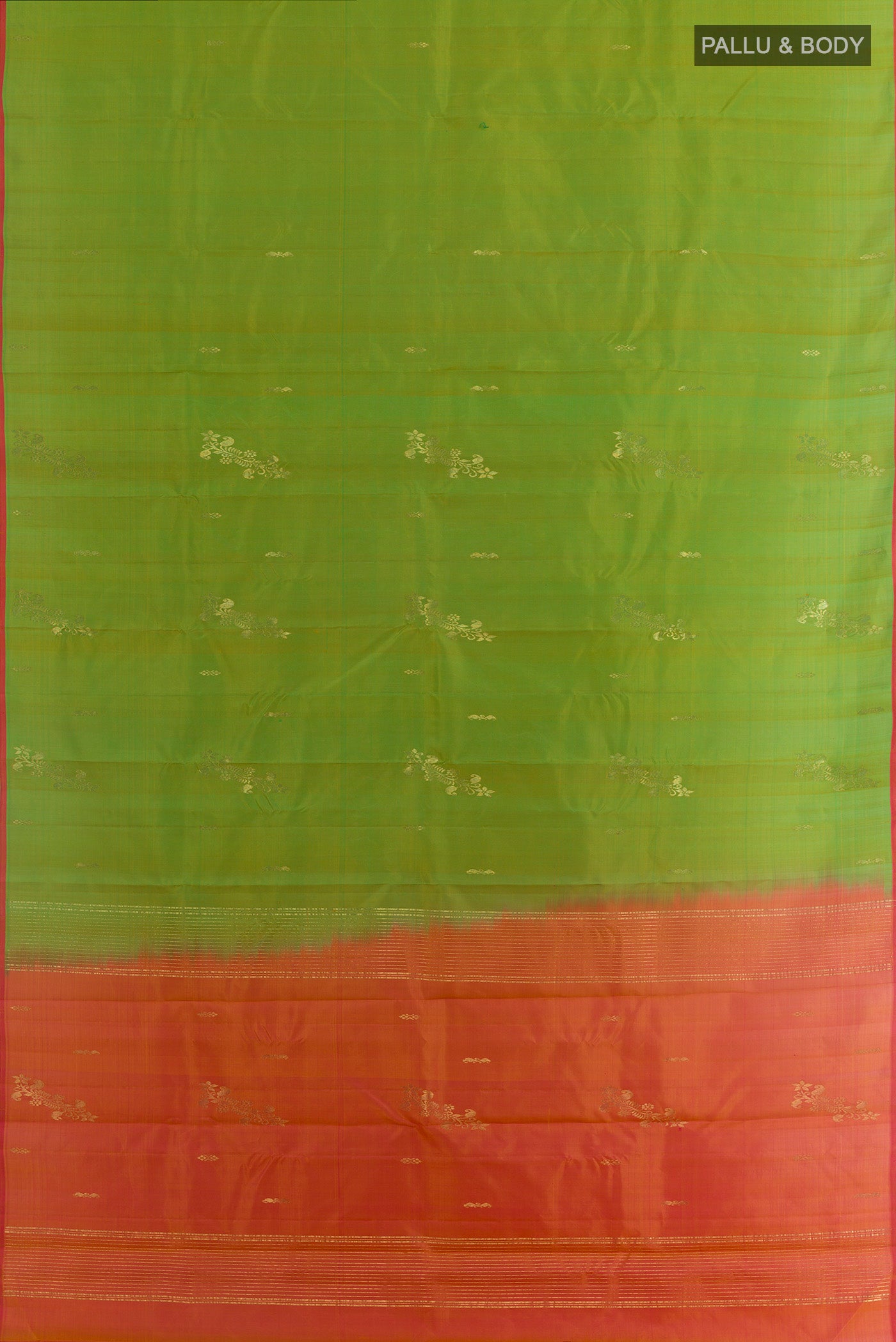 Flat view of Green Kanchipuram Silk Saree with Zari Butta on the body and Plain Border. 