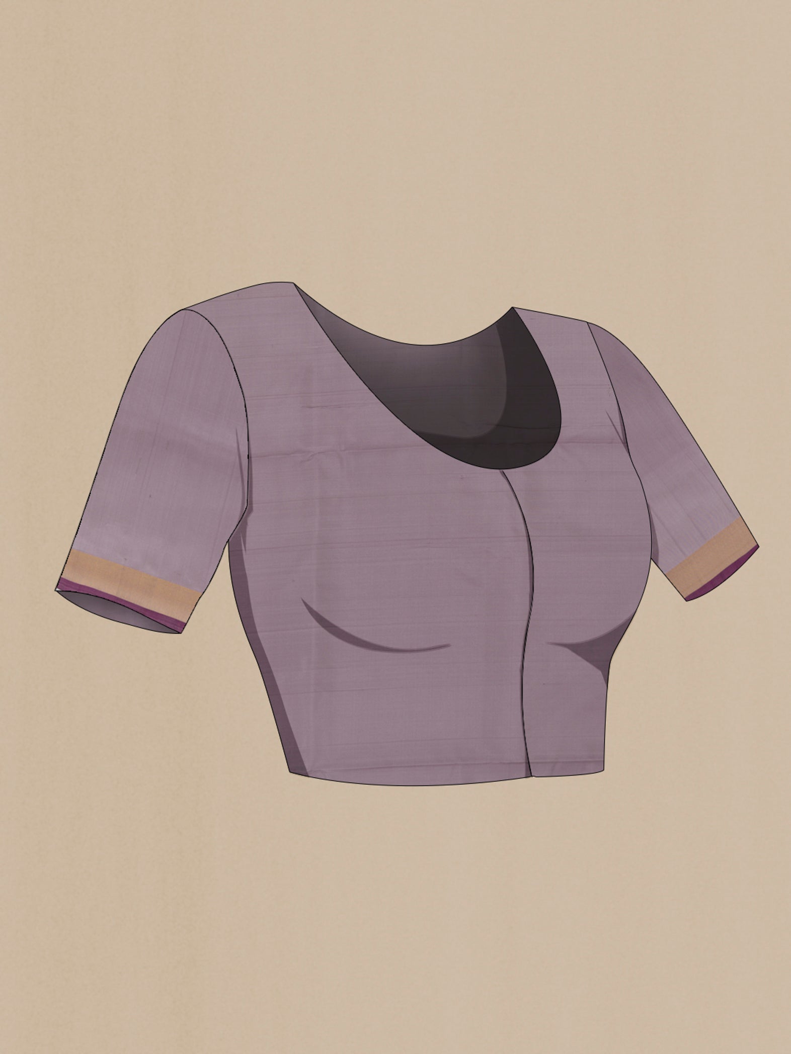 Close up image of the blouse of Lilac Uppada Silk Saree with Zari Butta on the body and Zari Border. 