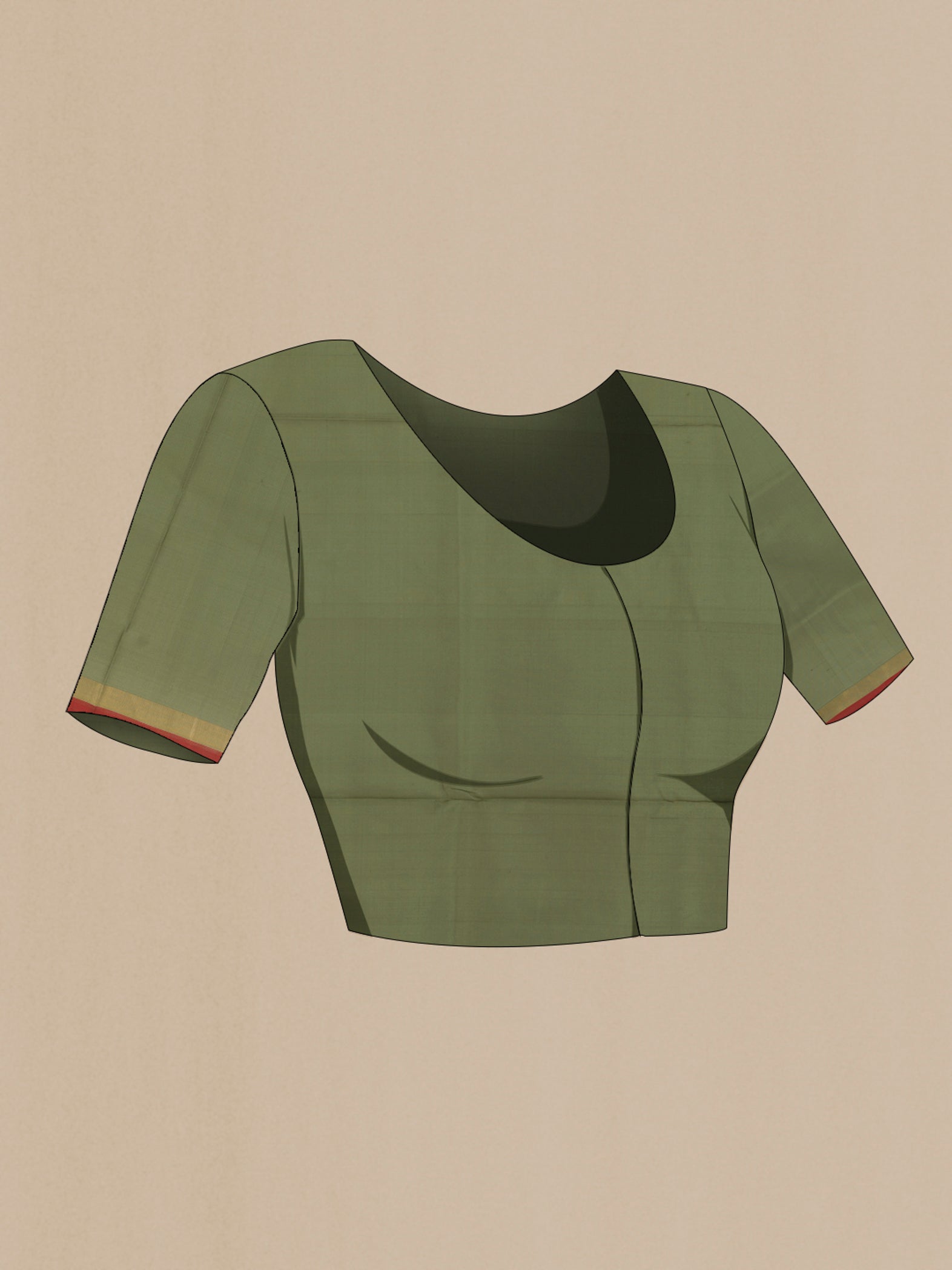 Close up image of the blouse of Sage Green Uppada Silk Saree with Zari Butta on the body and Zari Border. 