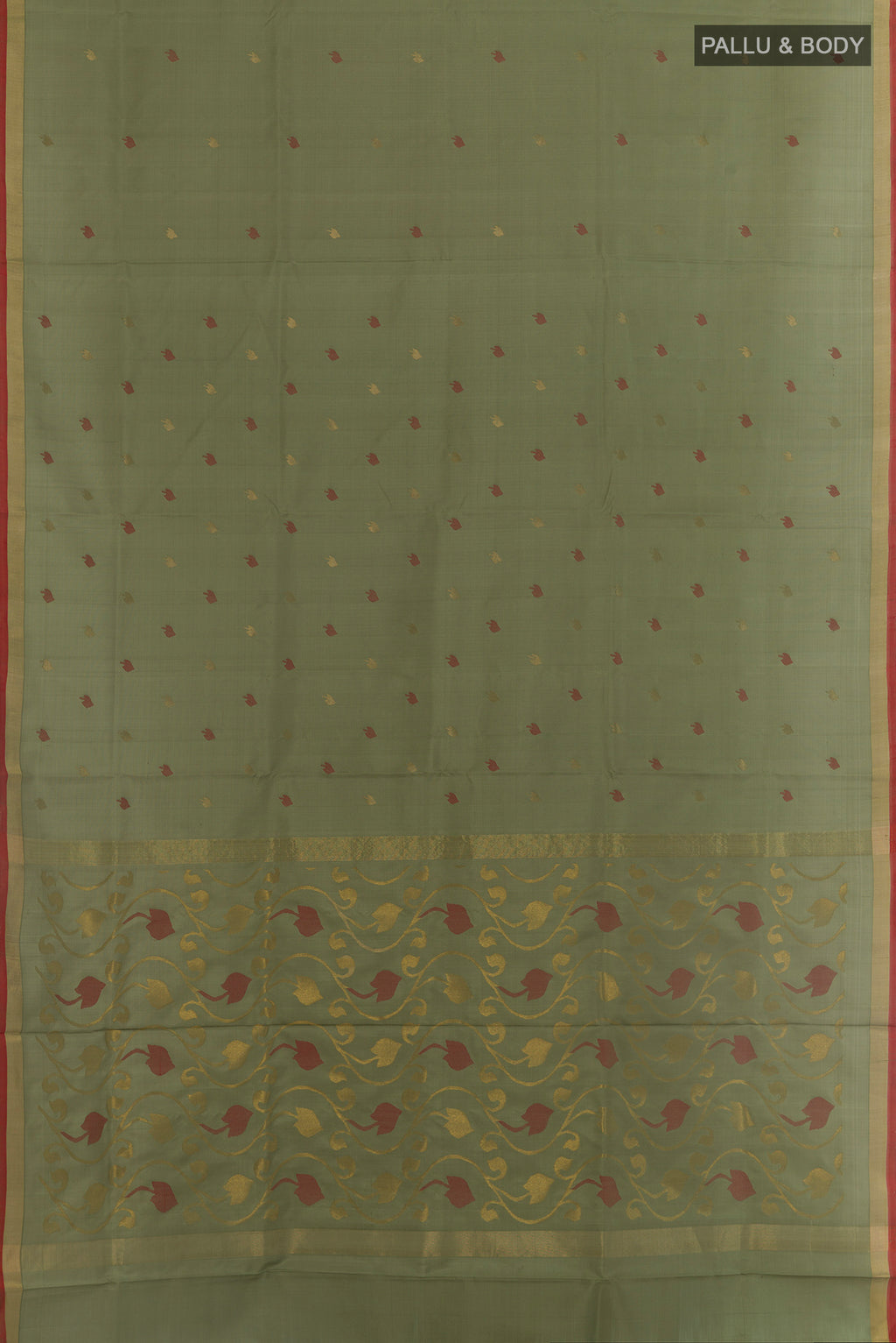 Flat view of Sage Green Uppada Silk Saree with Zari Butta on the body and Zari Border. 
