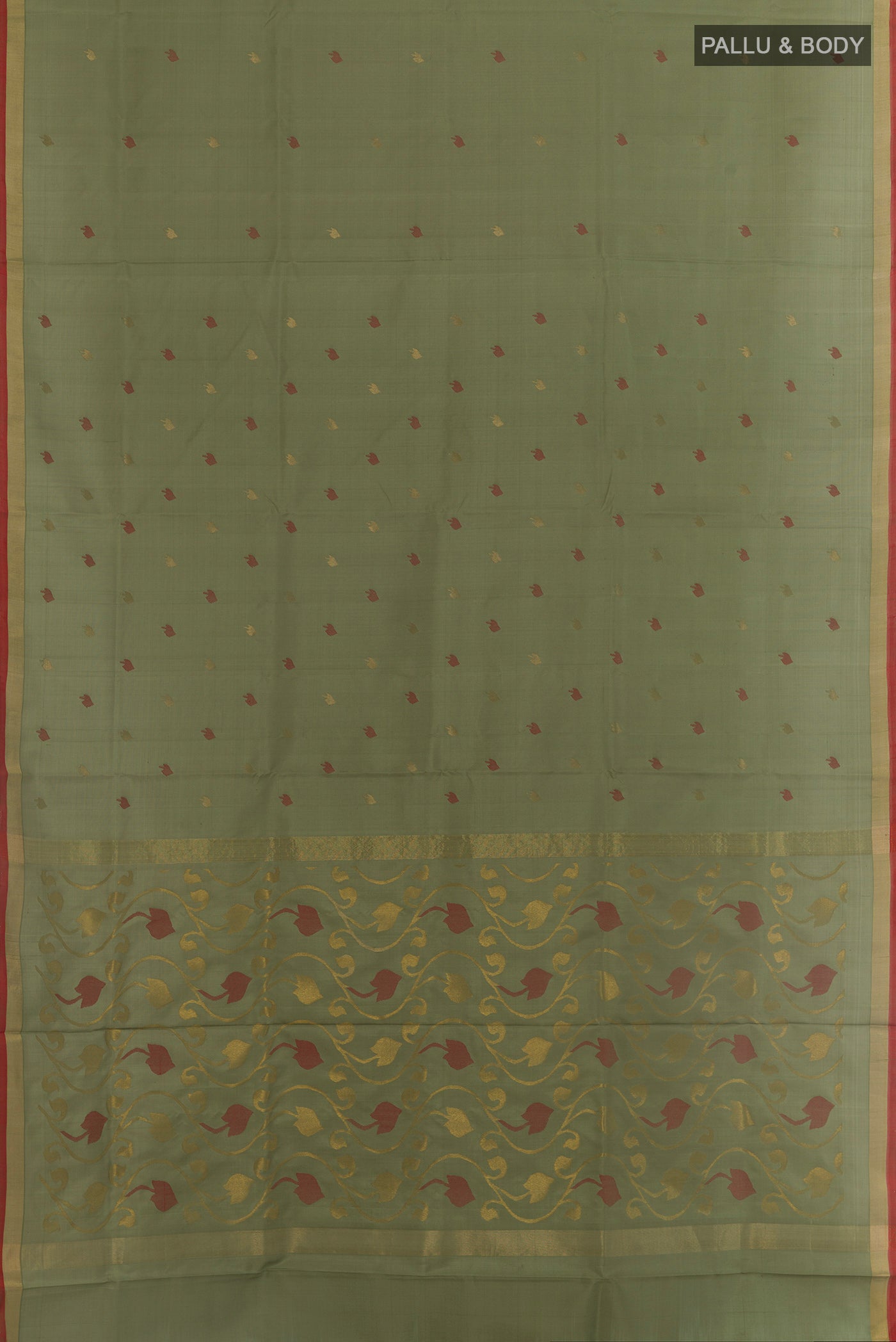 Flat view of Sage Green Uppada Silk Saree with Zari Butta on the body and Zari Border. 