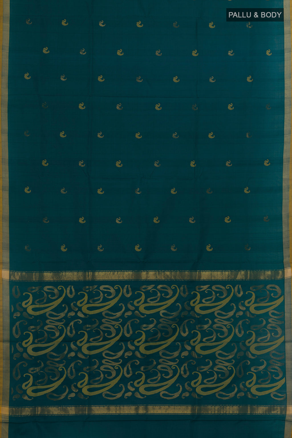 Flat view of Peacock Blue Uppada Silk Saree with Zari Butta on the body and Zari Border. 