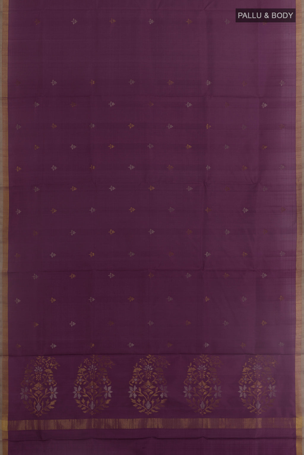 Flat view of Purple Uppada Silk Saree with Zari Butta on the body and Zari Border. 